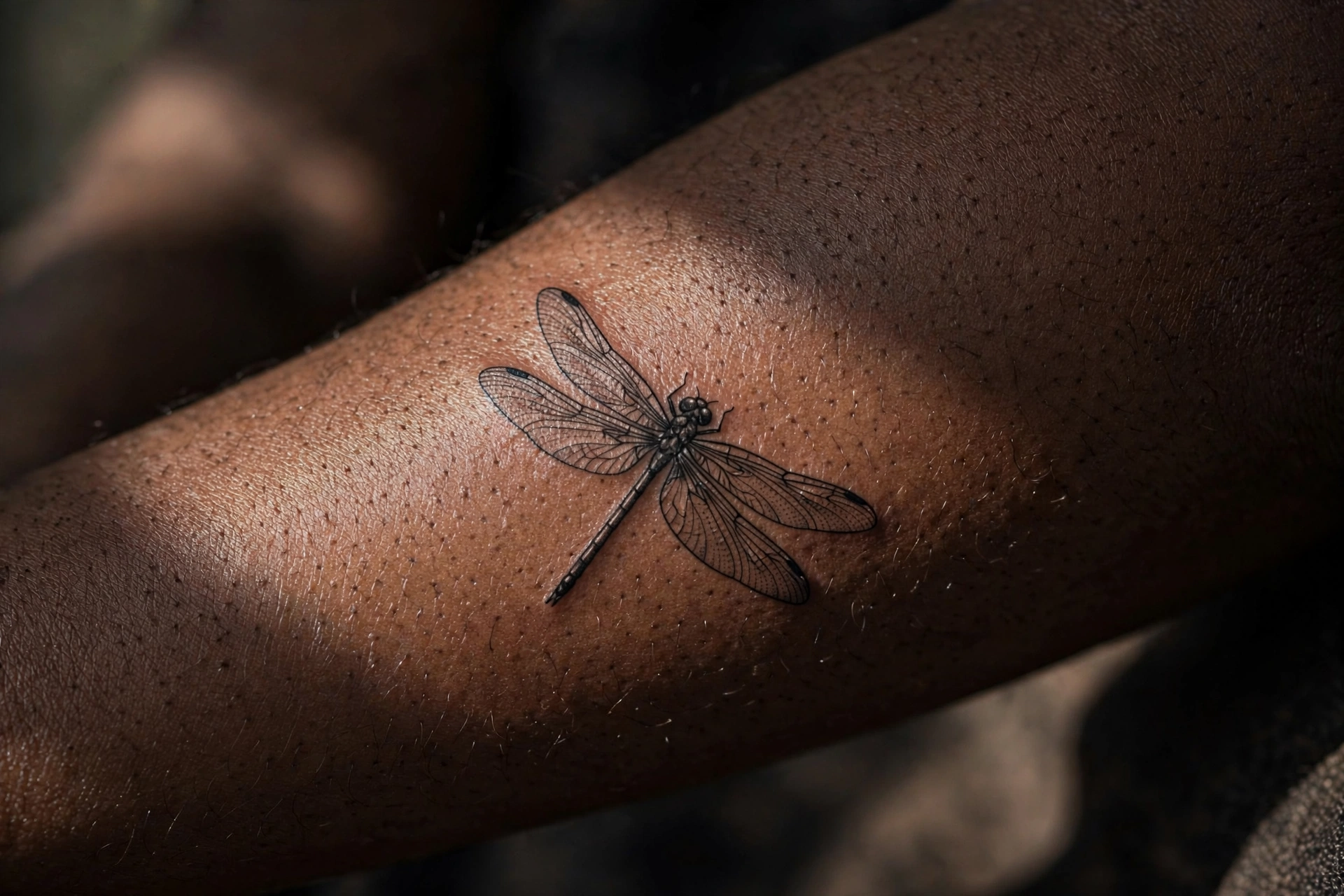 Fine line dragonfly tattoo with detailed wings on a woman's shoulder