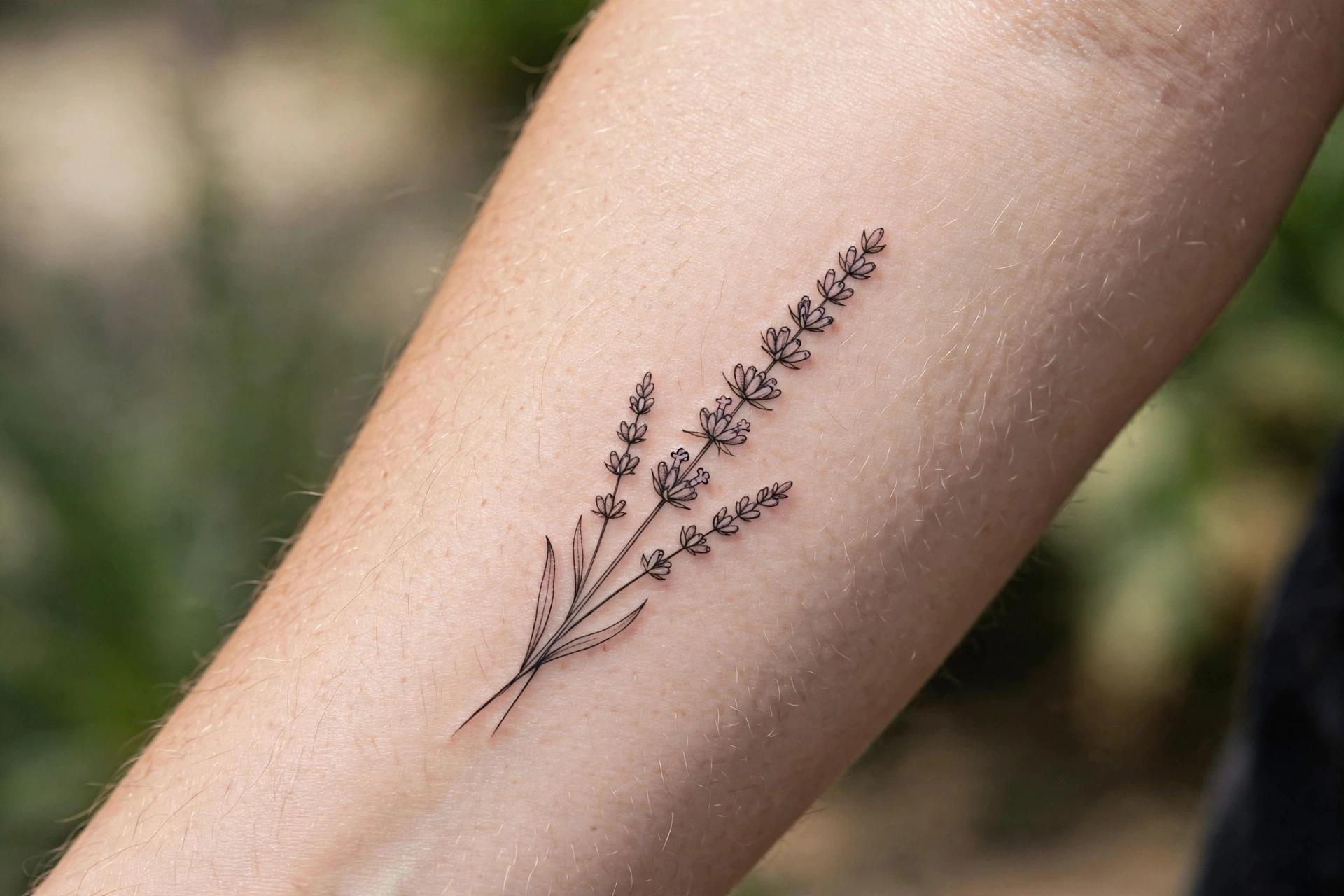 Fine line lavender sprig tattoo on a woman's inner wrist
