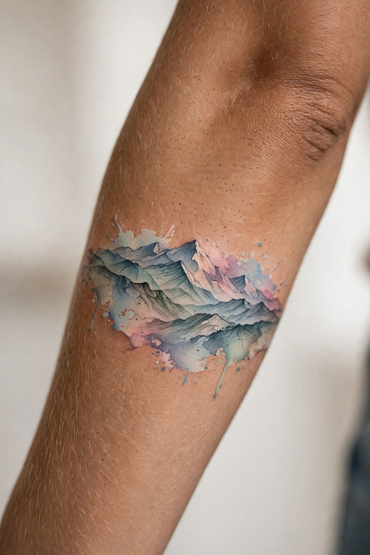 Fine line mountain range tattoo on a woman's forearm