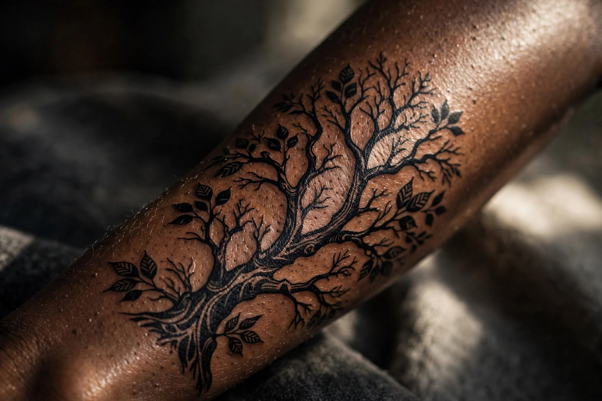 Fine line tree branch with leaves tattoo on a woman's collarbone