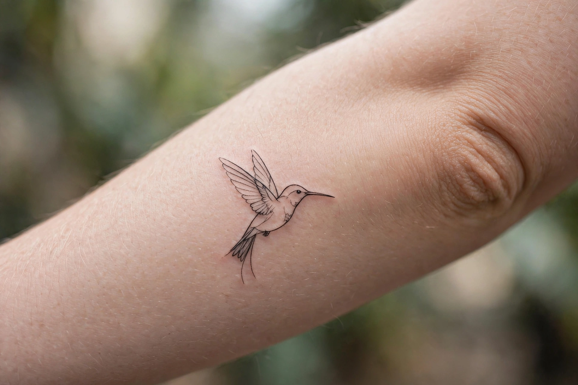 Fine line hummingbird tattoo hovering on a woman's shoulder