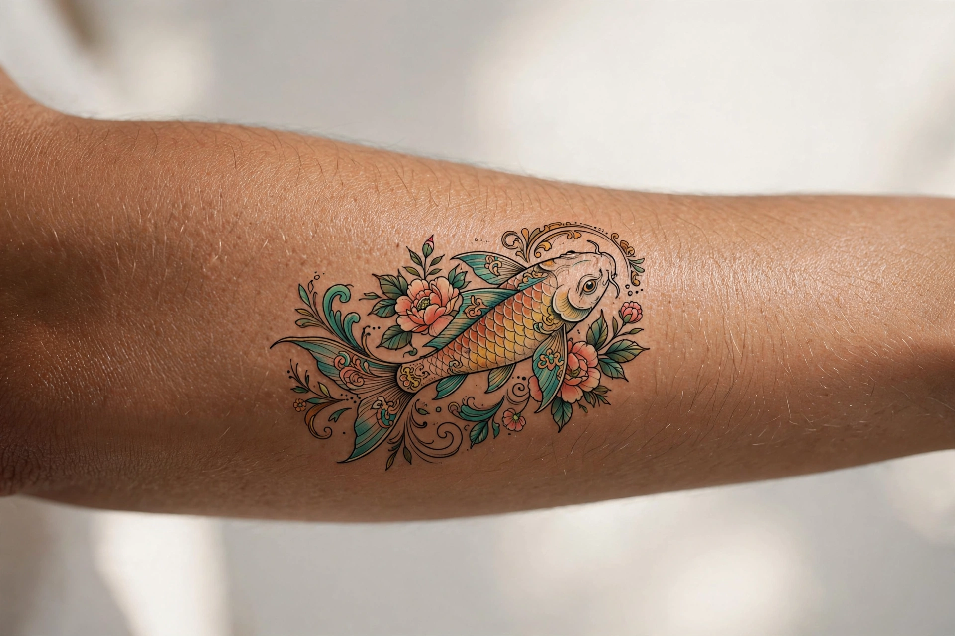 Fine line koi fish tattoo swimming on a woman's ankle