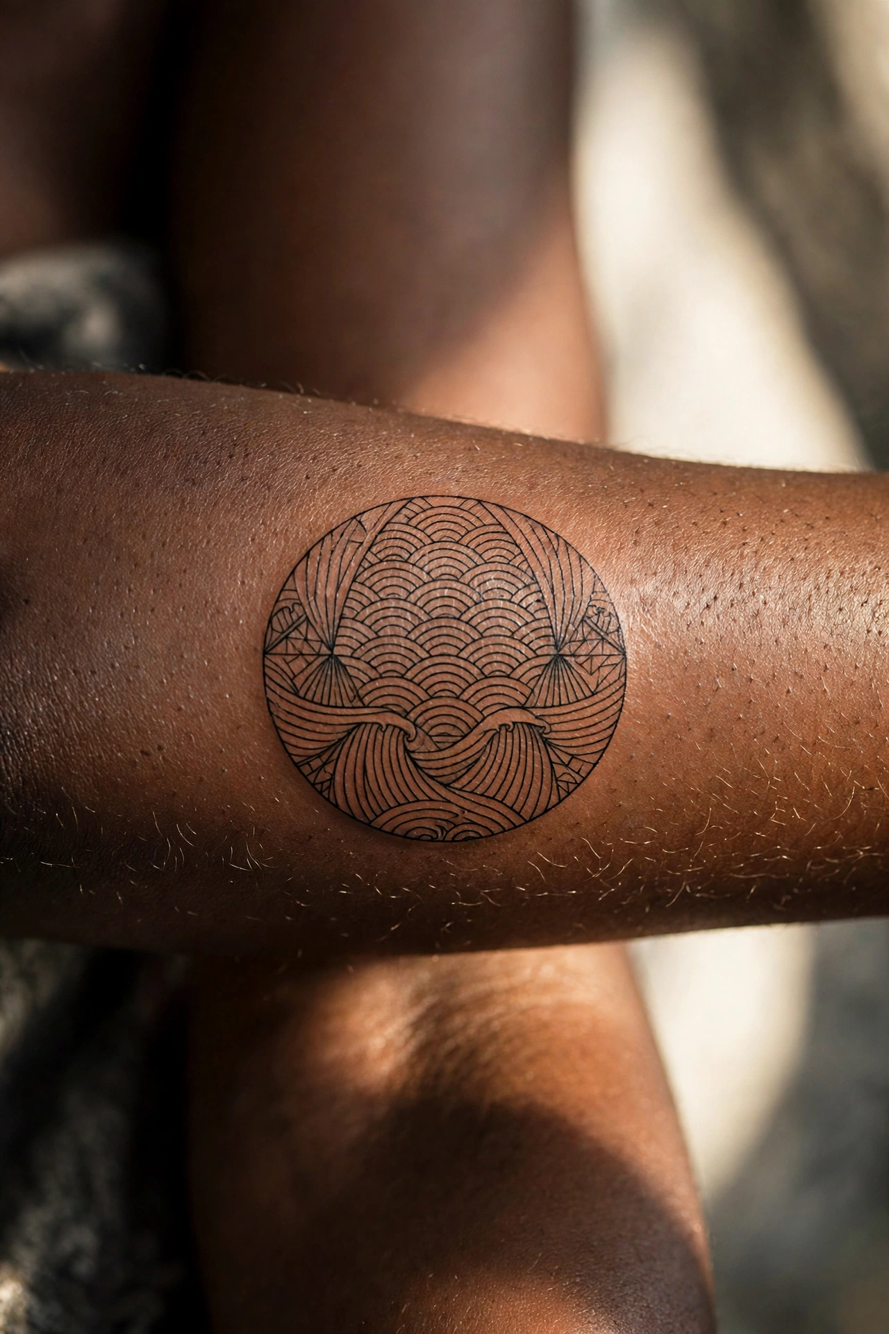 Fine line wave inside a circle tattoo on a woman's wrist
