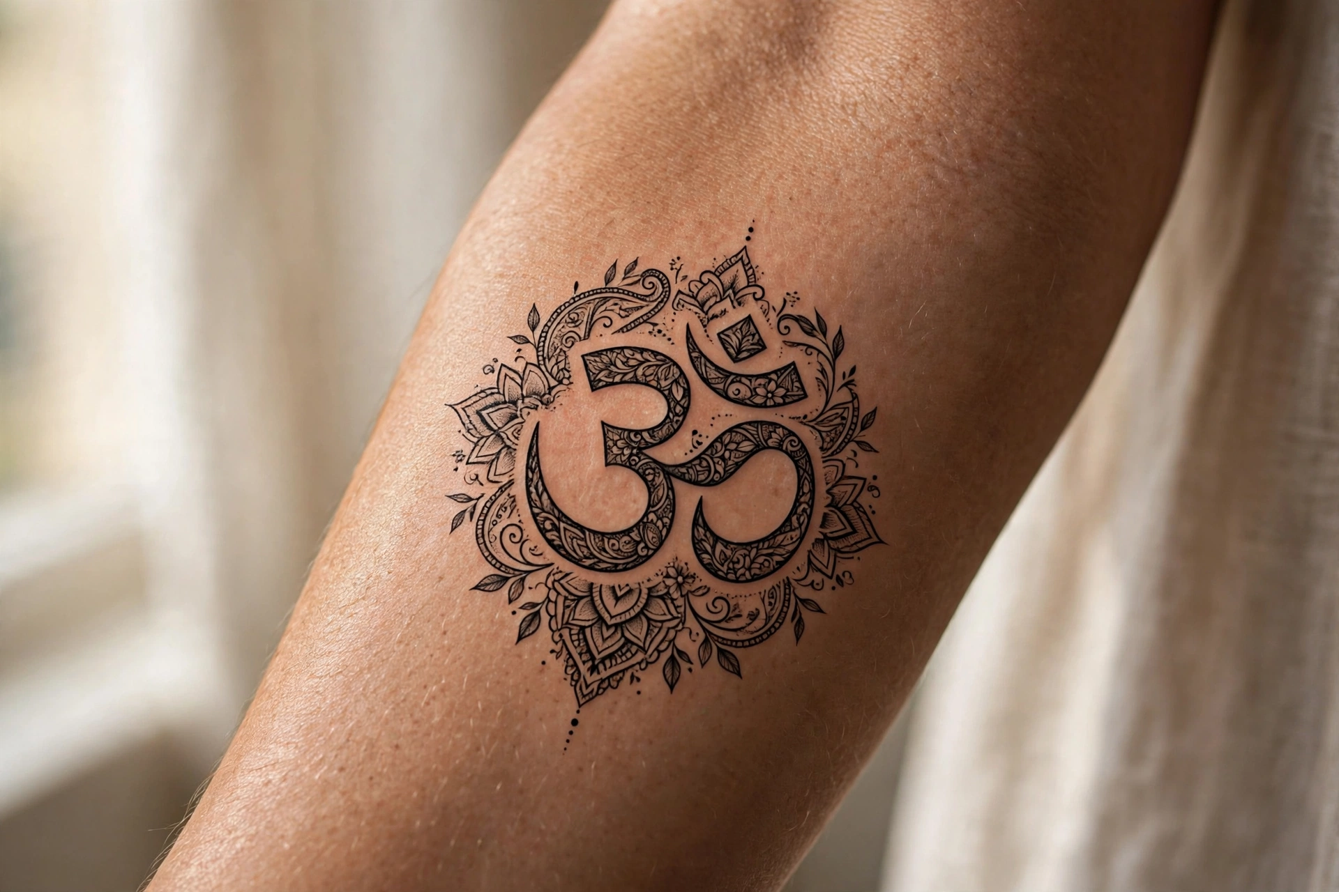Fine line om symbol tattoo on a woman's wrist