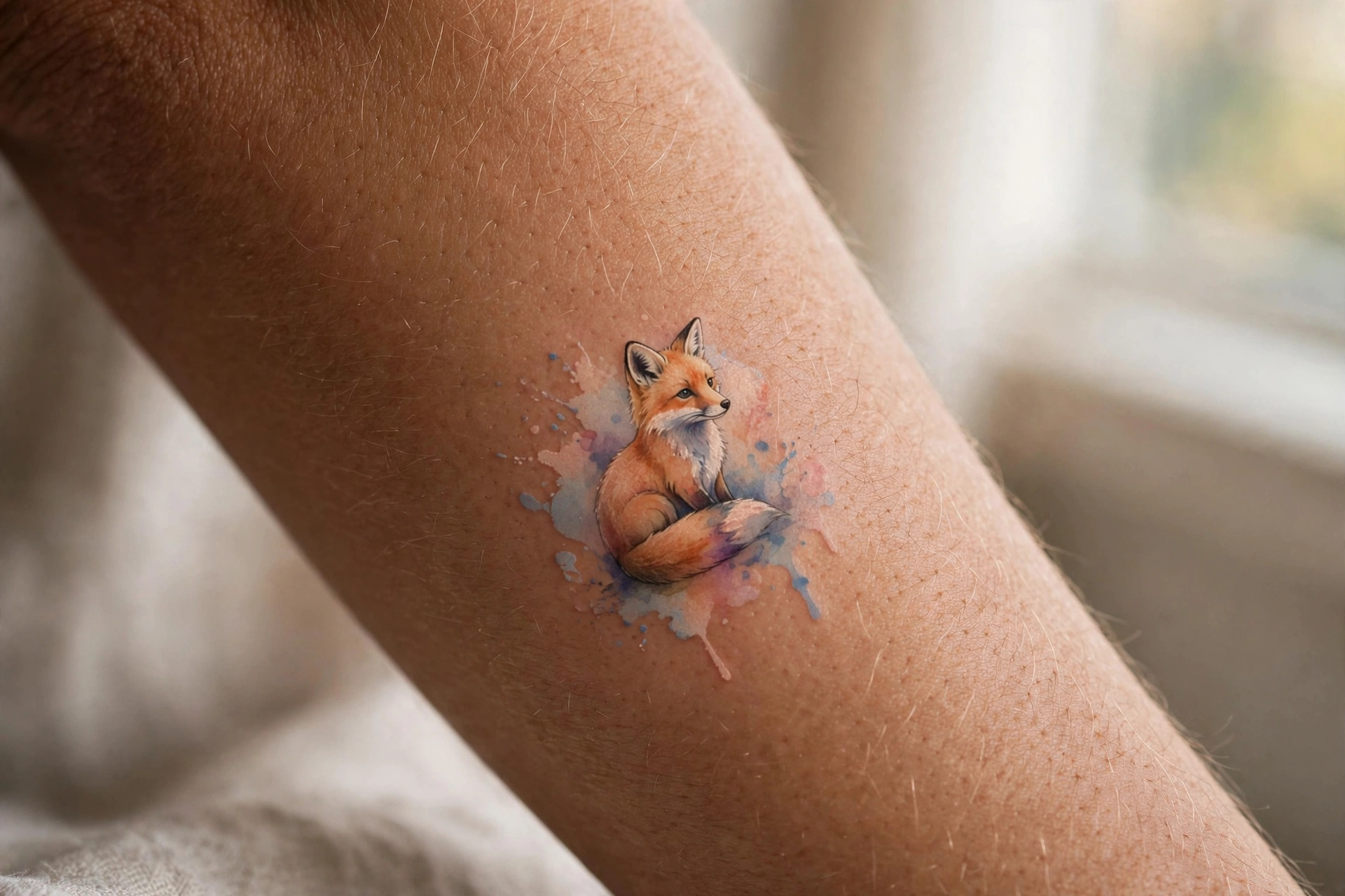Fine line fox outline tattoo curled on a woman's thigh