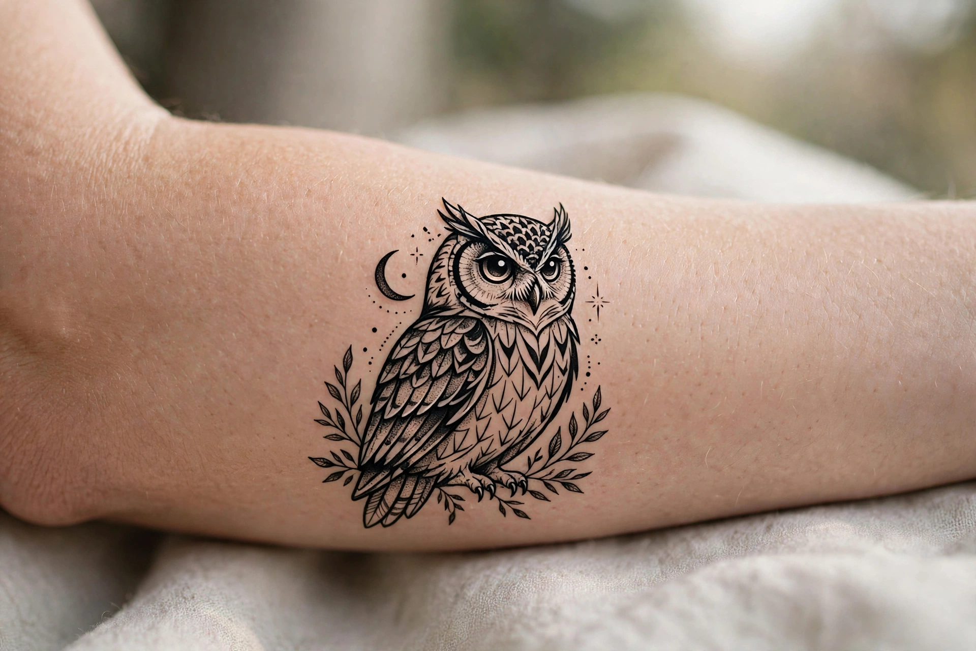 Fine line owl tattoo perched on a woman's ankle
