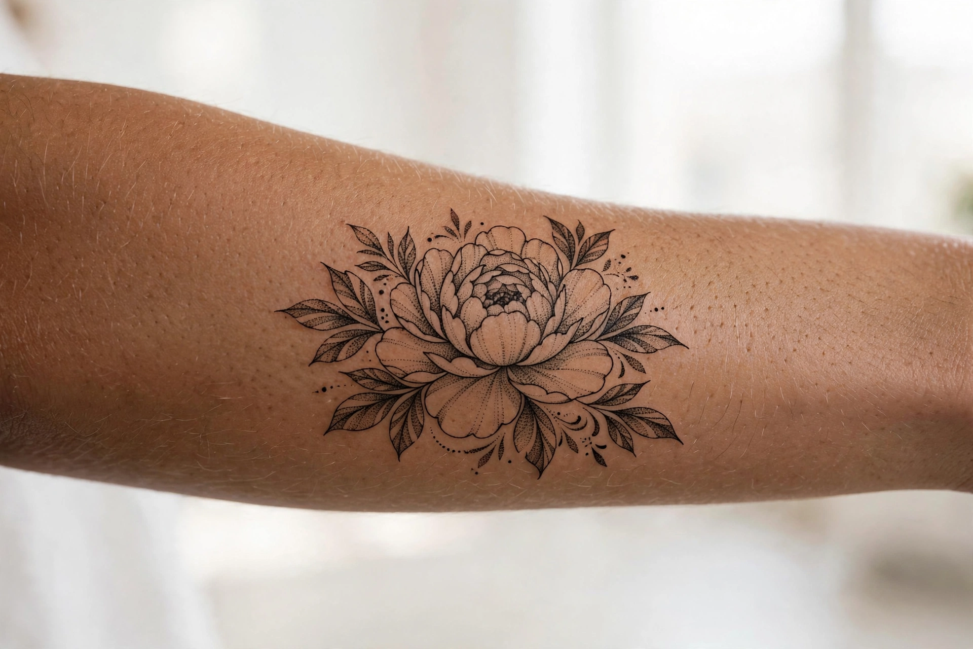 Fine line peony blossom tattoo on a woman's shoulder blade