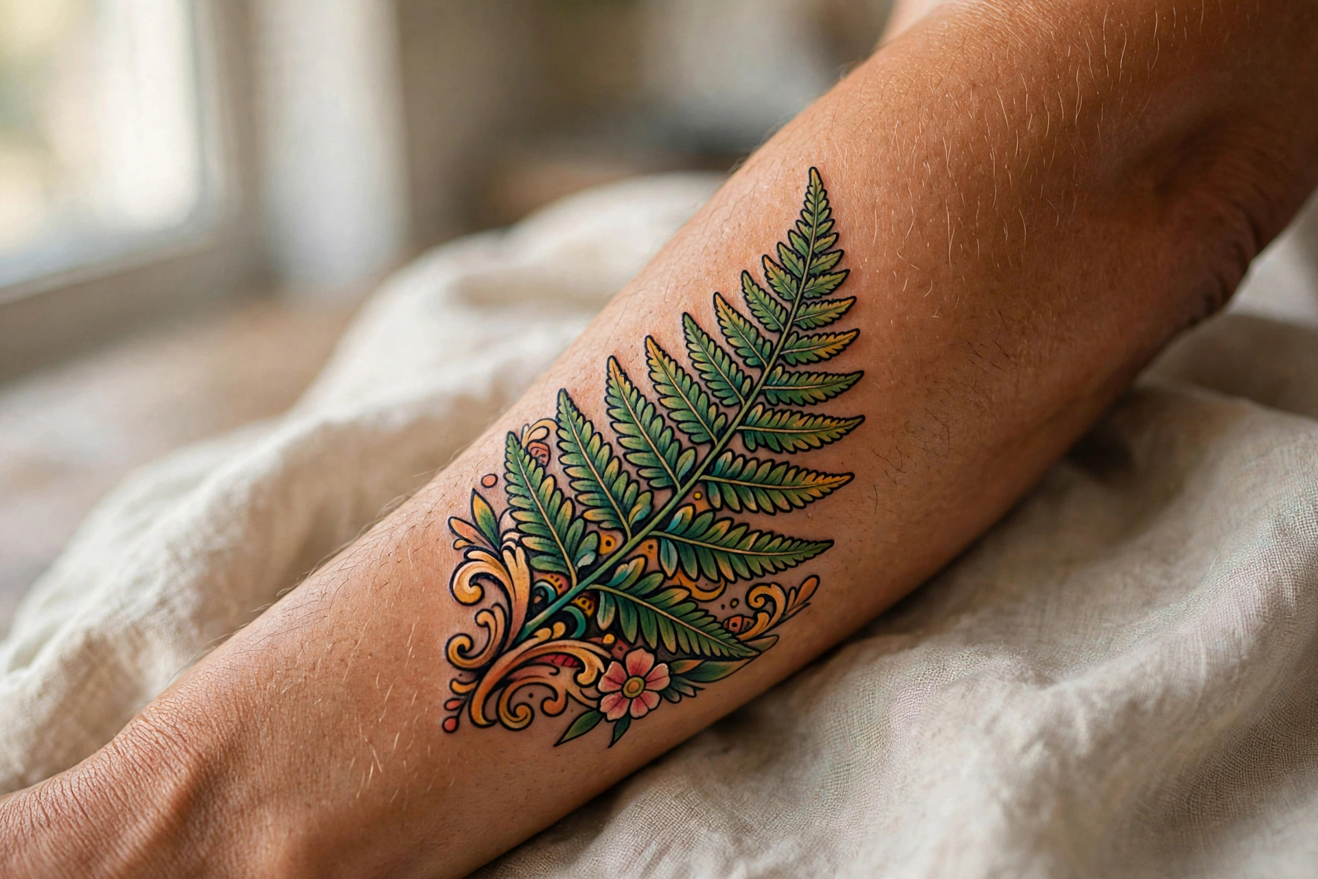 Fine line fern frond tattoo on a woman's ribs