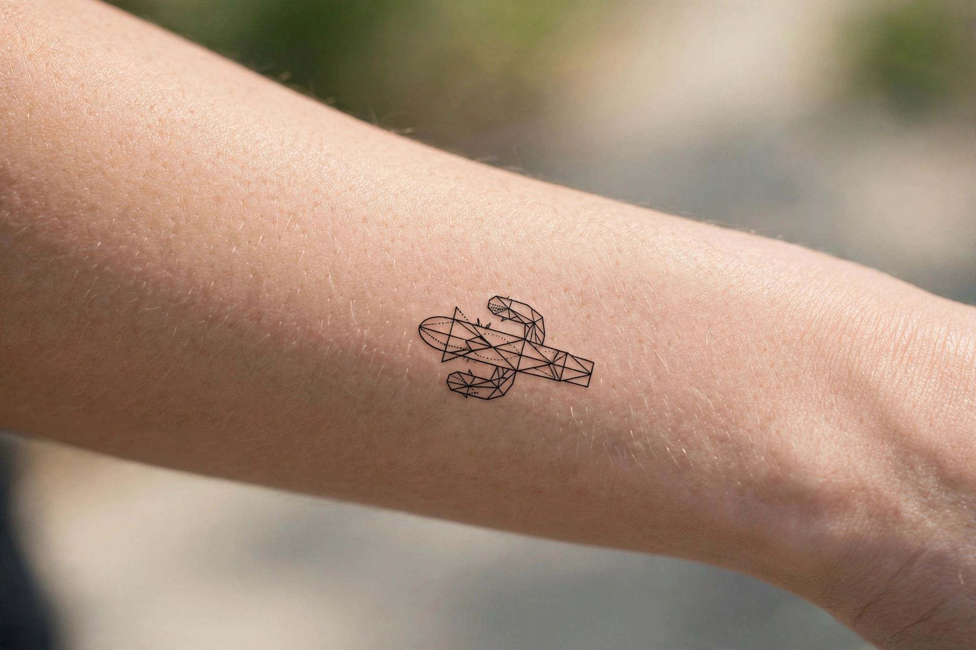 Fine line cactus tattoo in a tiny pot on a woman's ankle