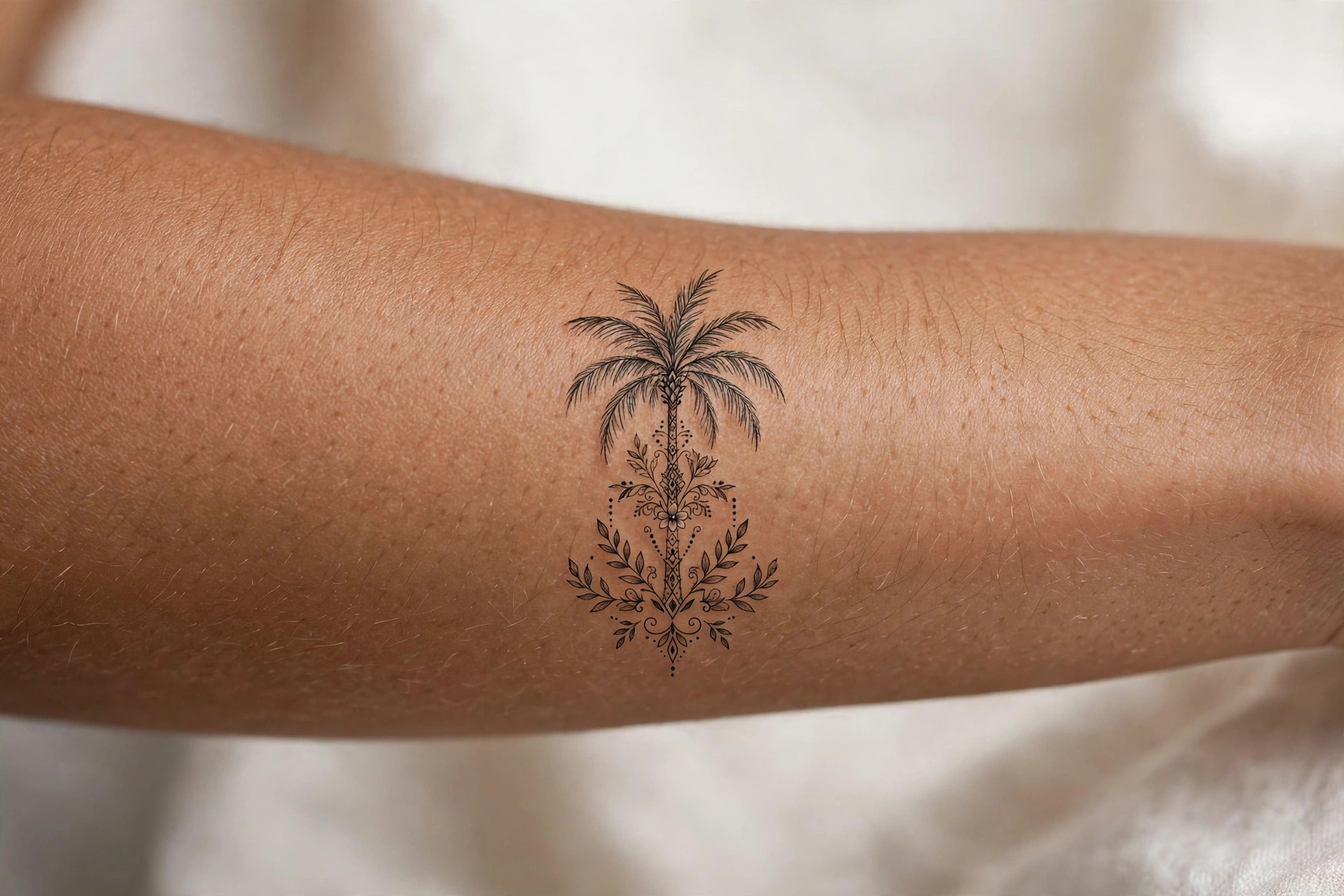 Fine line palm tree tattoo on a woman's calf