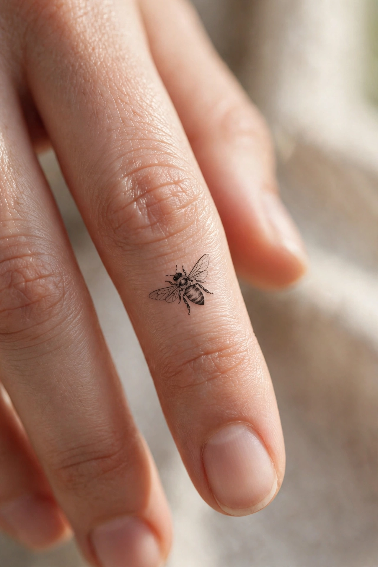 The word love tattooed in tiny script along the side of a finger