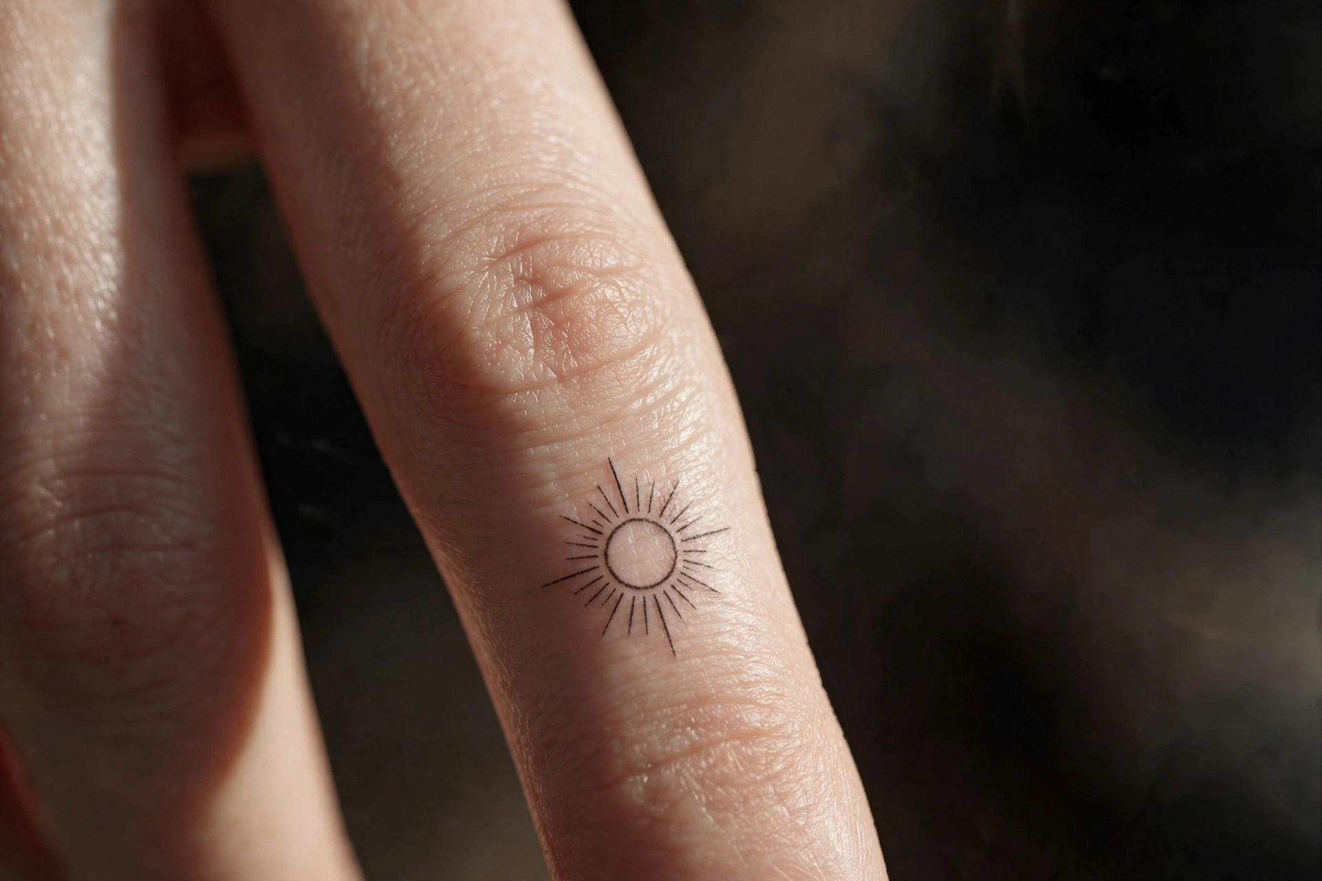 Tiny arrow tattoo pointing along a finger