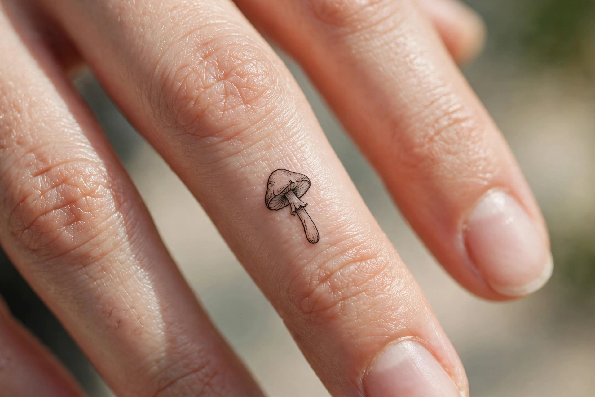 Small leaf sprig tattoo curving along a finger