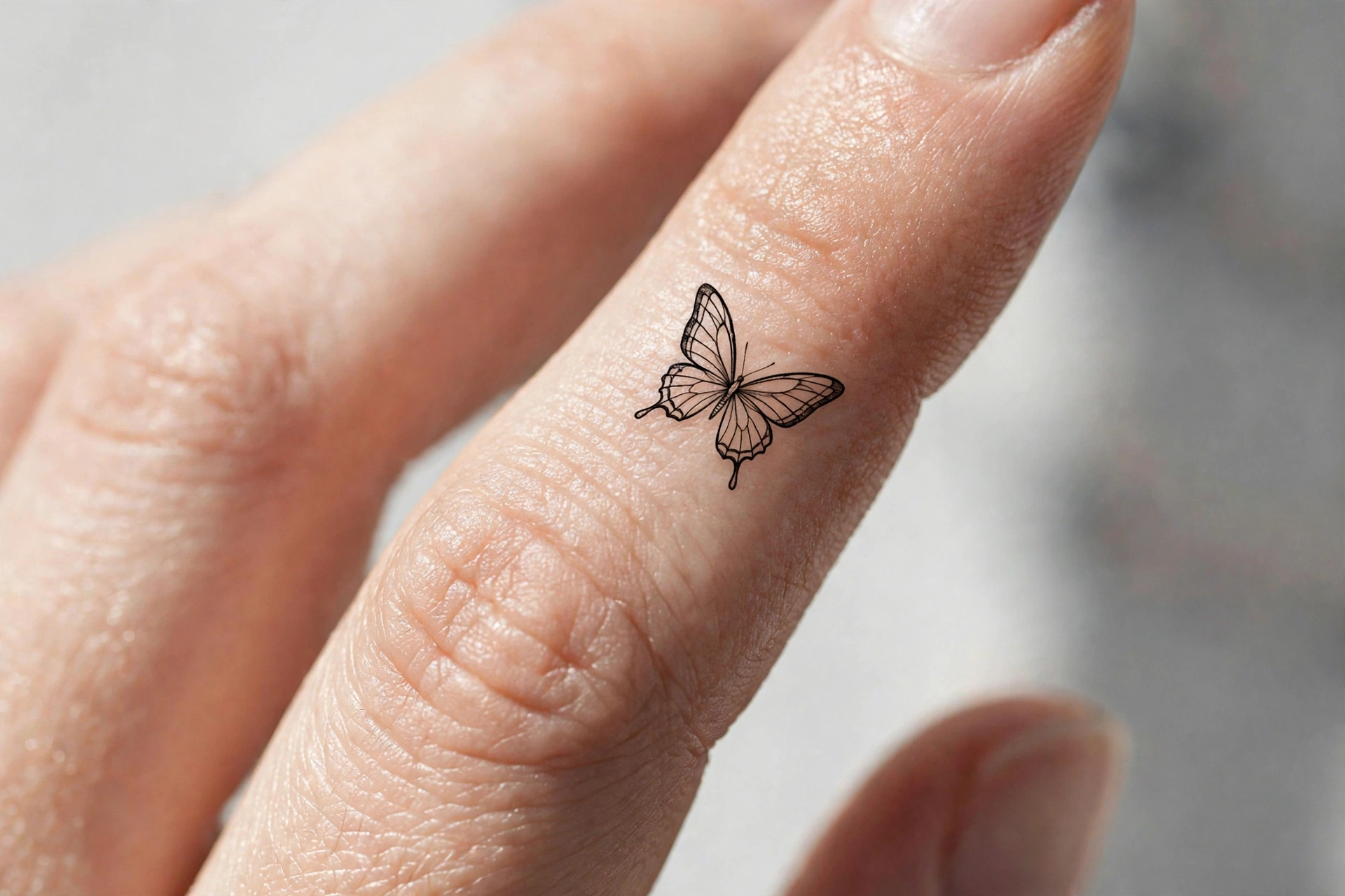 Micro honeybee tattoo on the top of a finger