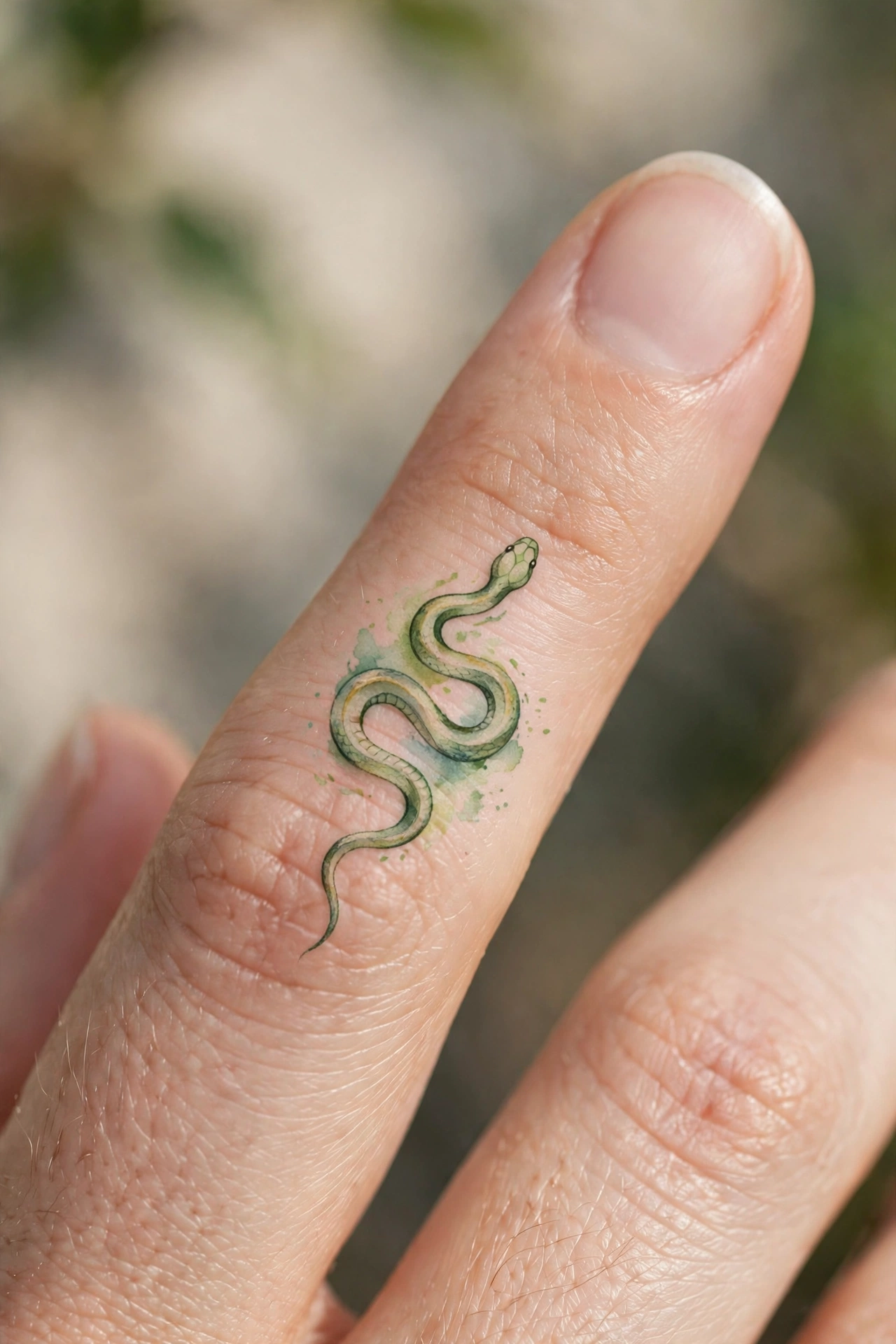Delicate vine with tiny leaves wrapping around a finger tattoo
