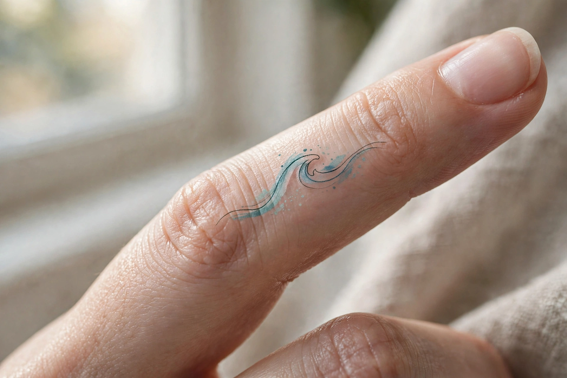 Small feather tattoo lying along a finger