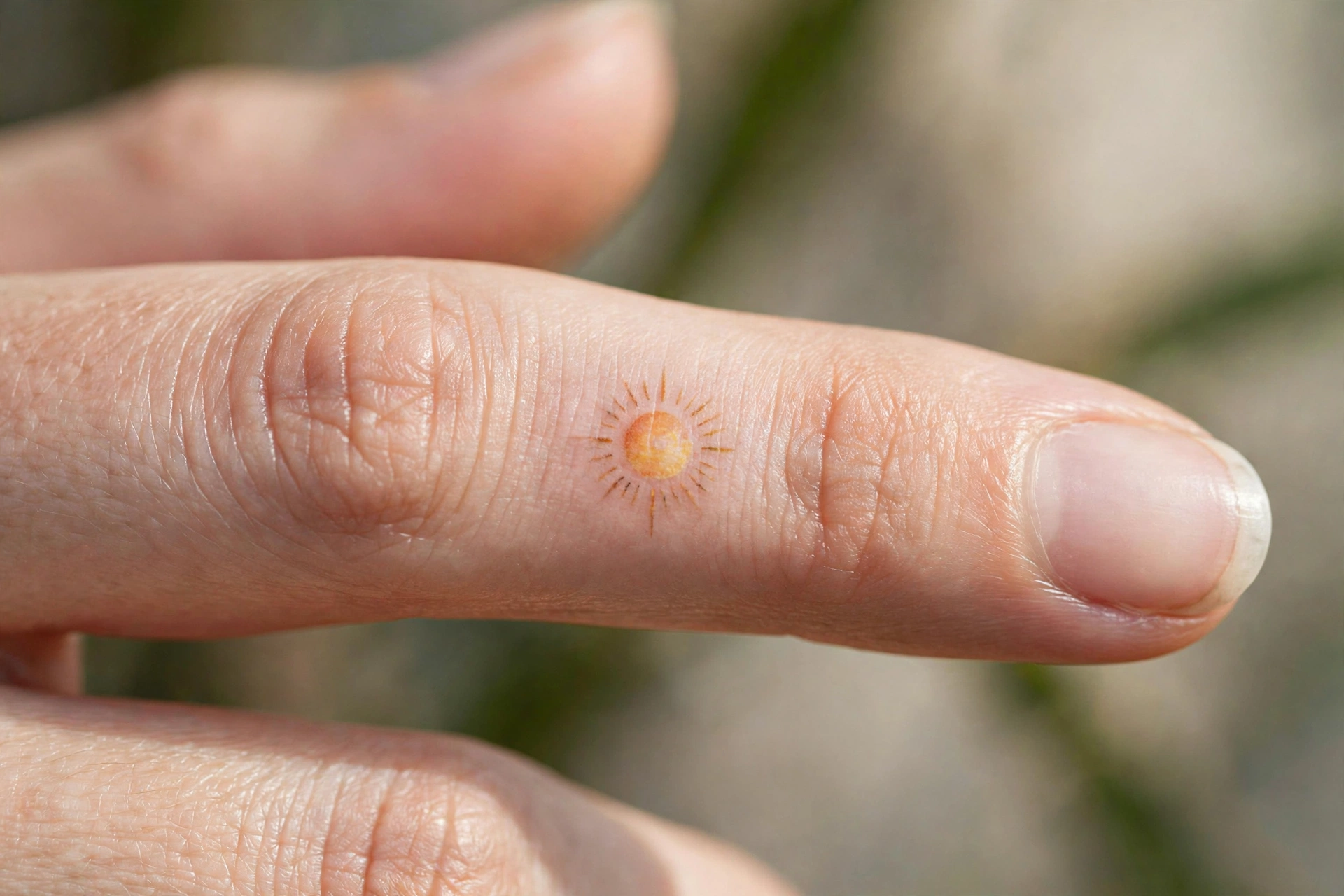 Zodiac sign glyph tattoo on the side of a finger