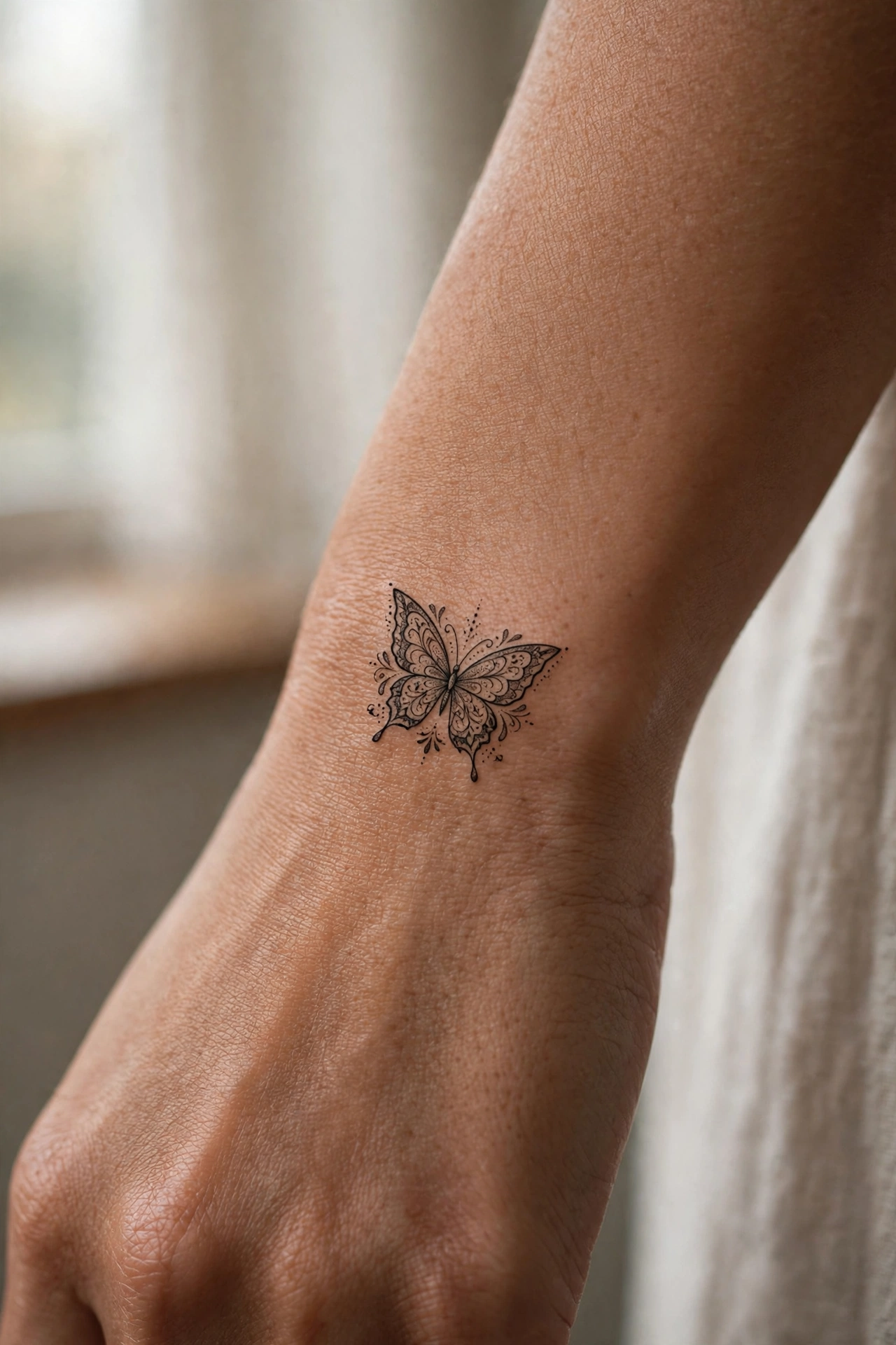 Tiny butterfly first tattoo for women on the shoulder