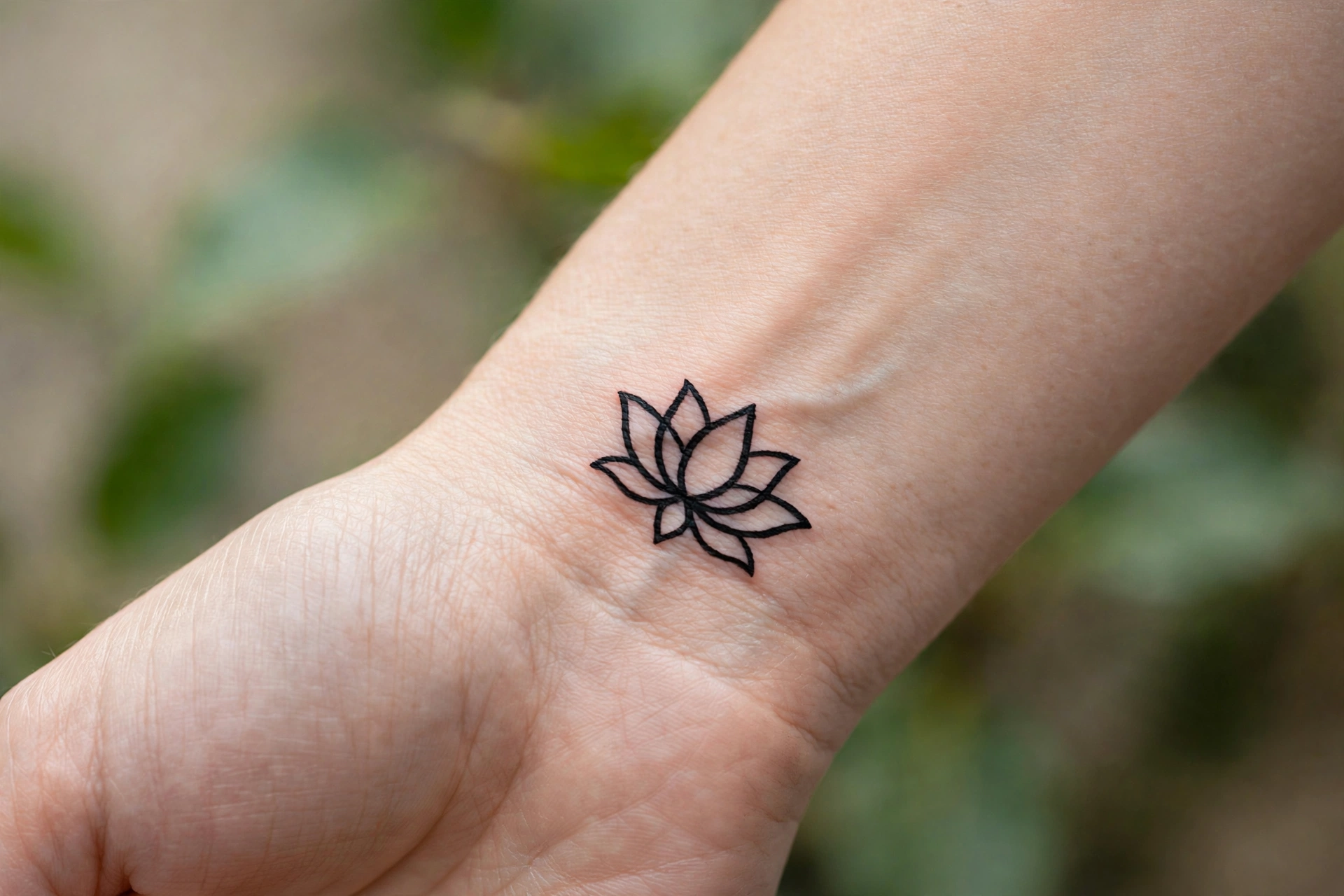 Small lotus outline first tattoo idea for women on the sternum