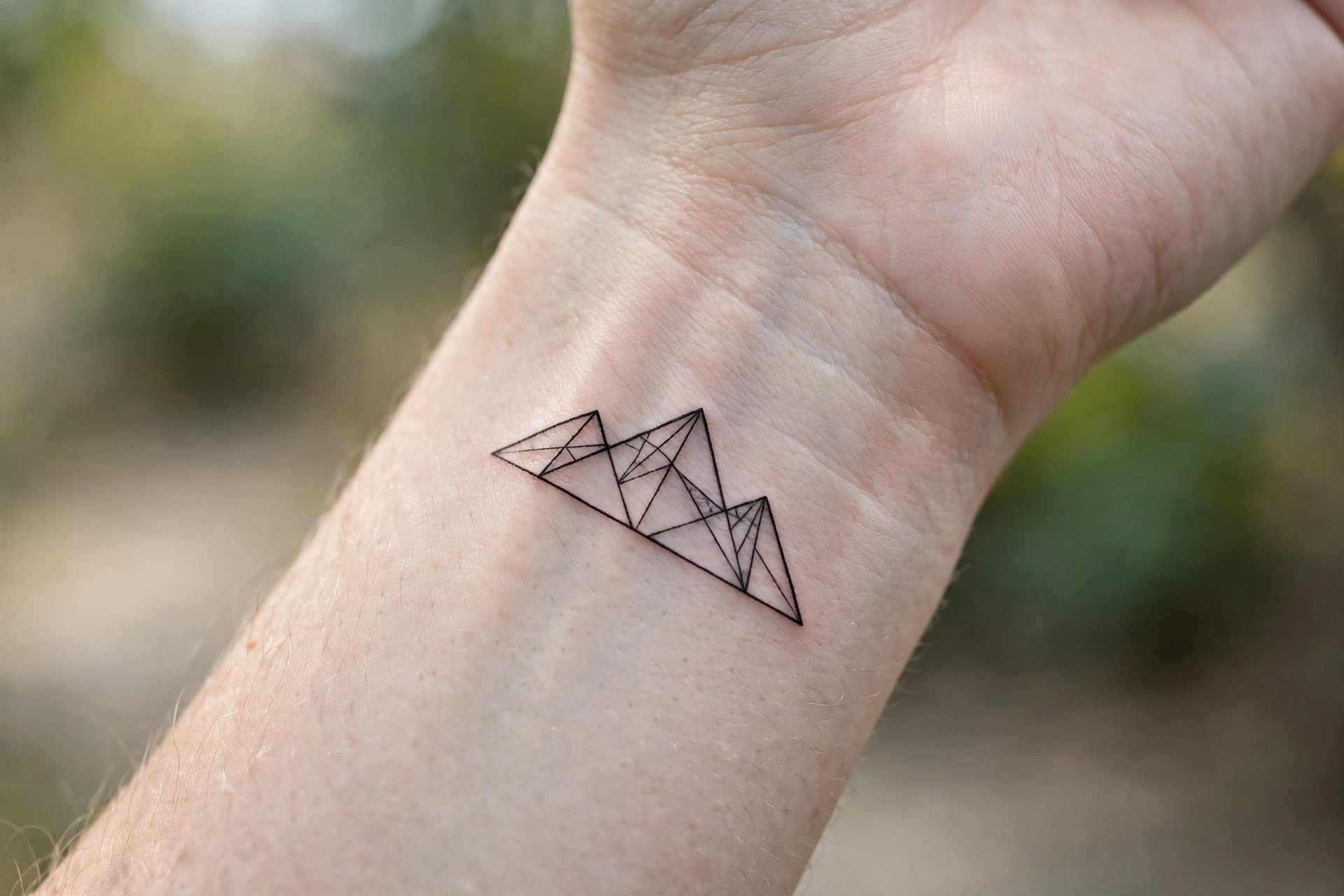 Minimal mountain silhouette first tattoo idea for women on the wrist