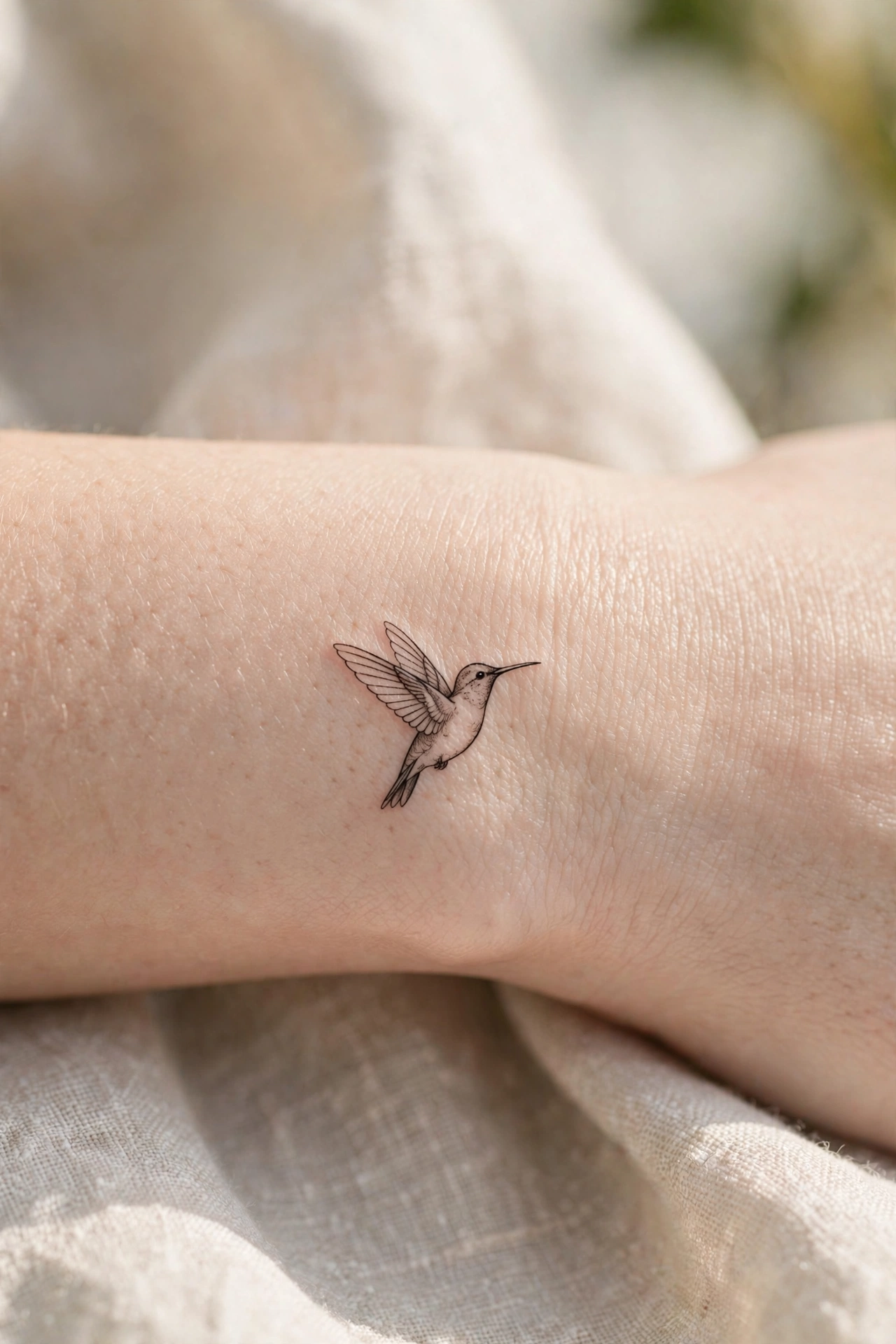 Tiny hummingbird first tattoo idea for women on the collarbone