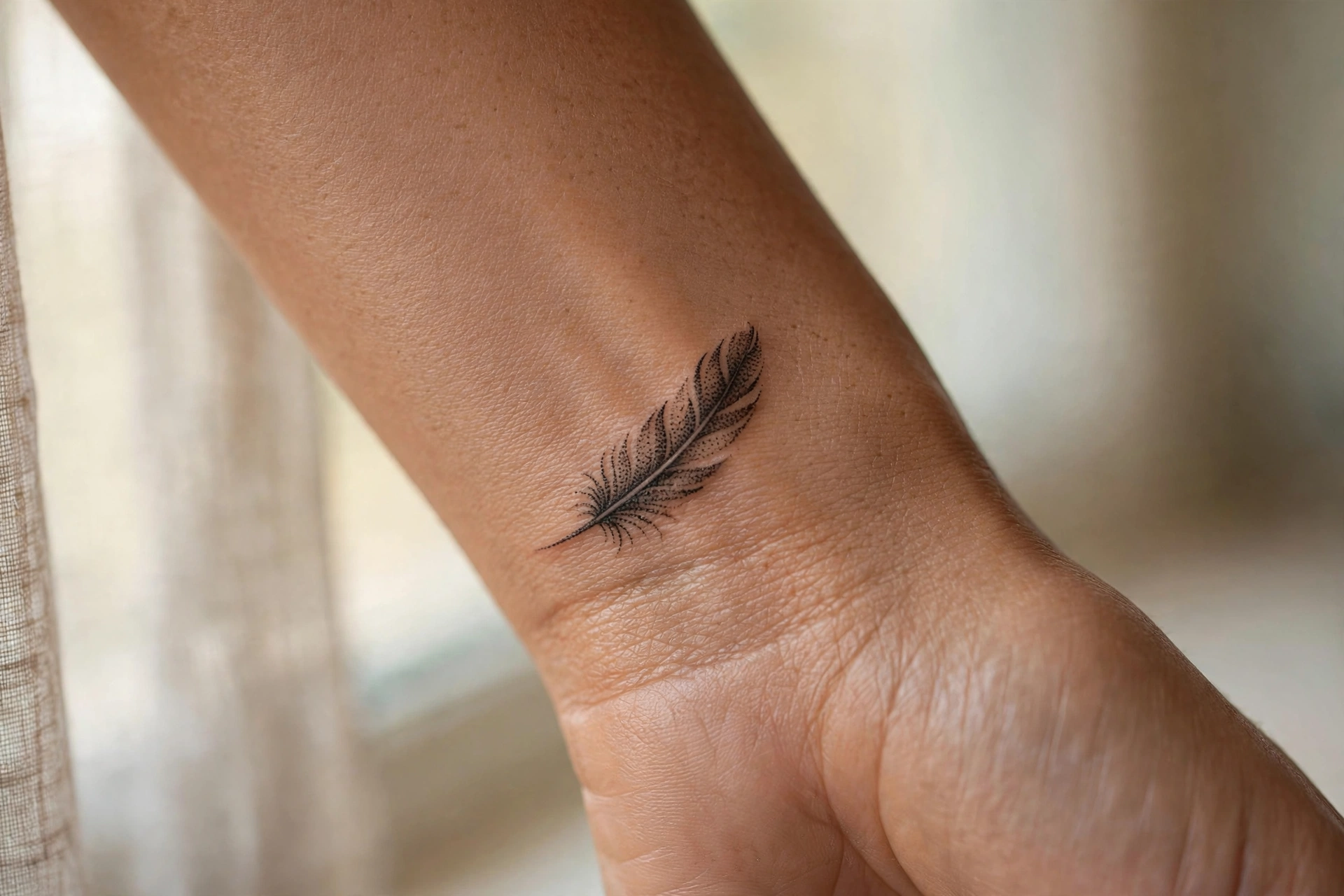 Small feather first tattoo for women on the forearm