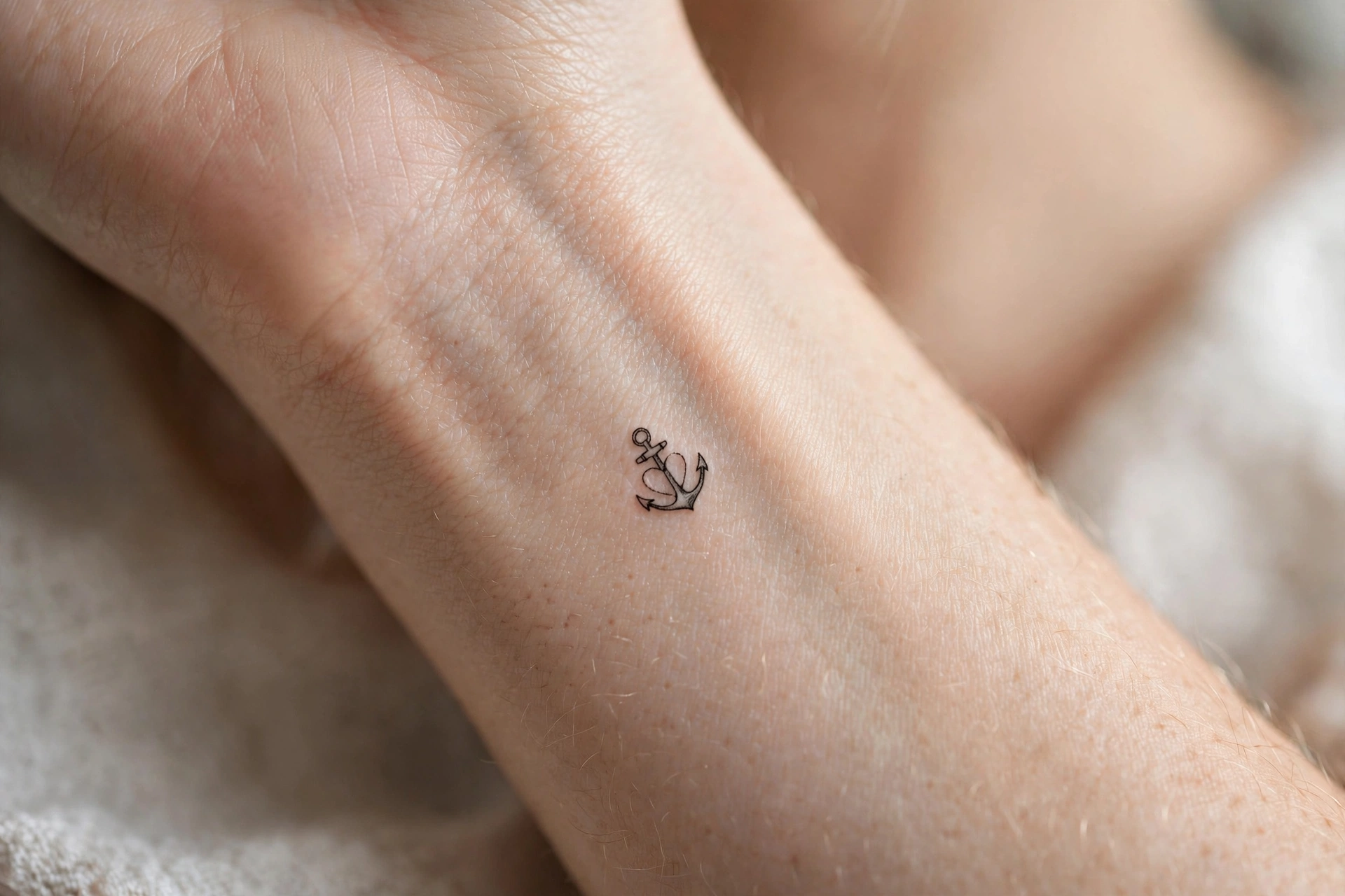 Tiny anchor heart first tattoo idea for women on the foot