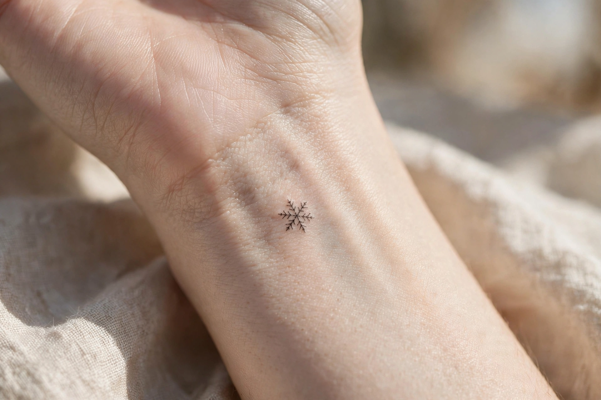 Tiny snowflake first tattoo idea for women on the wrist