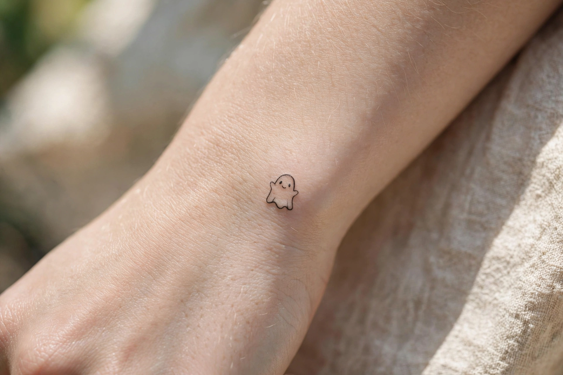 Tiny ghost first tattoo idea for women on the ankle
