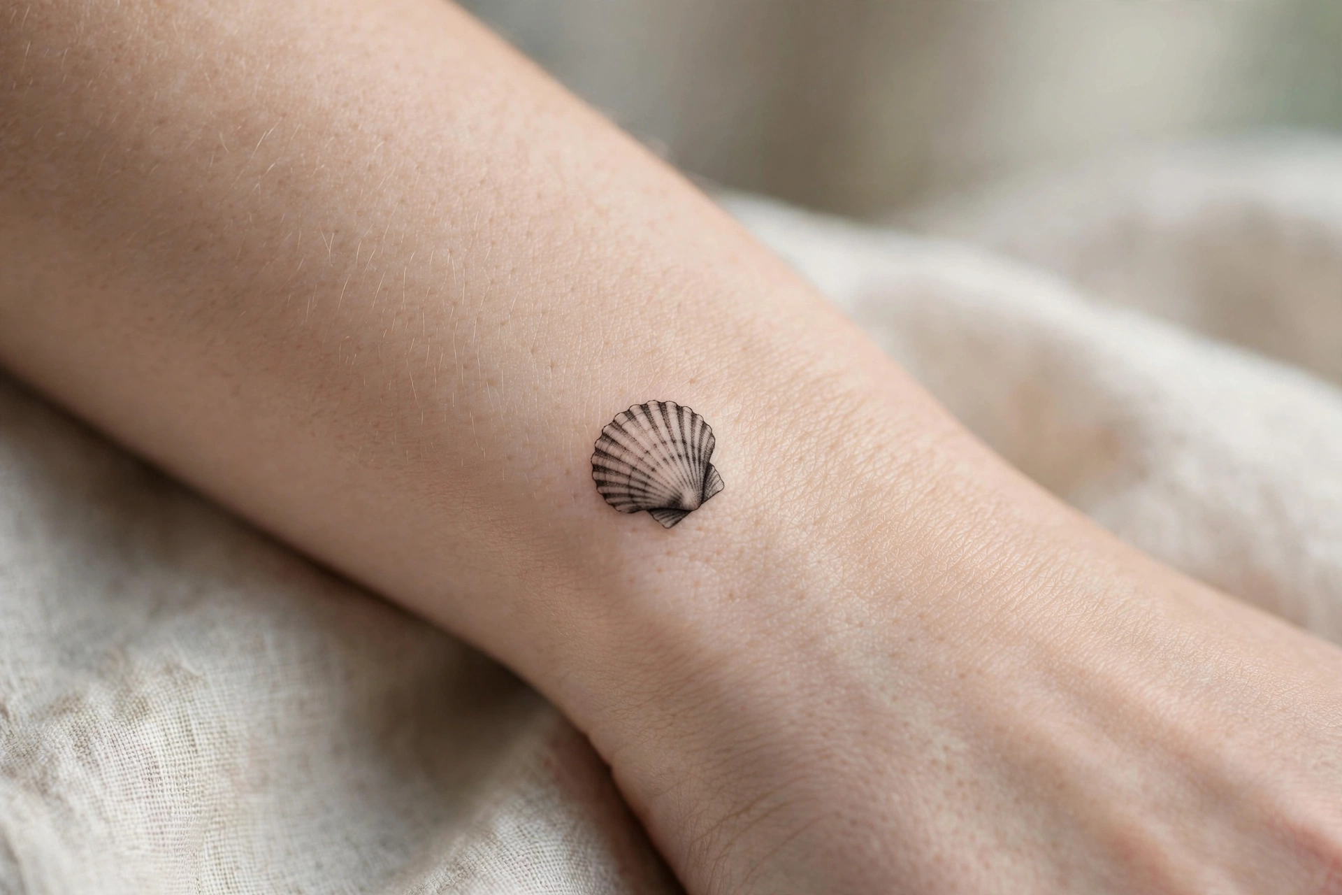 Tiny seashell first tattoo idea for women on the ankle