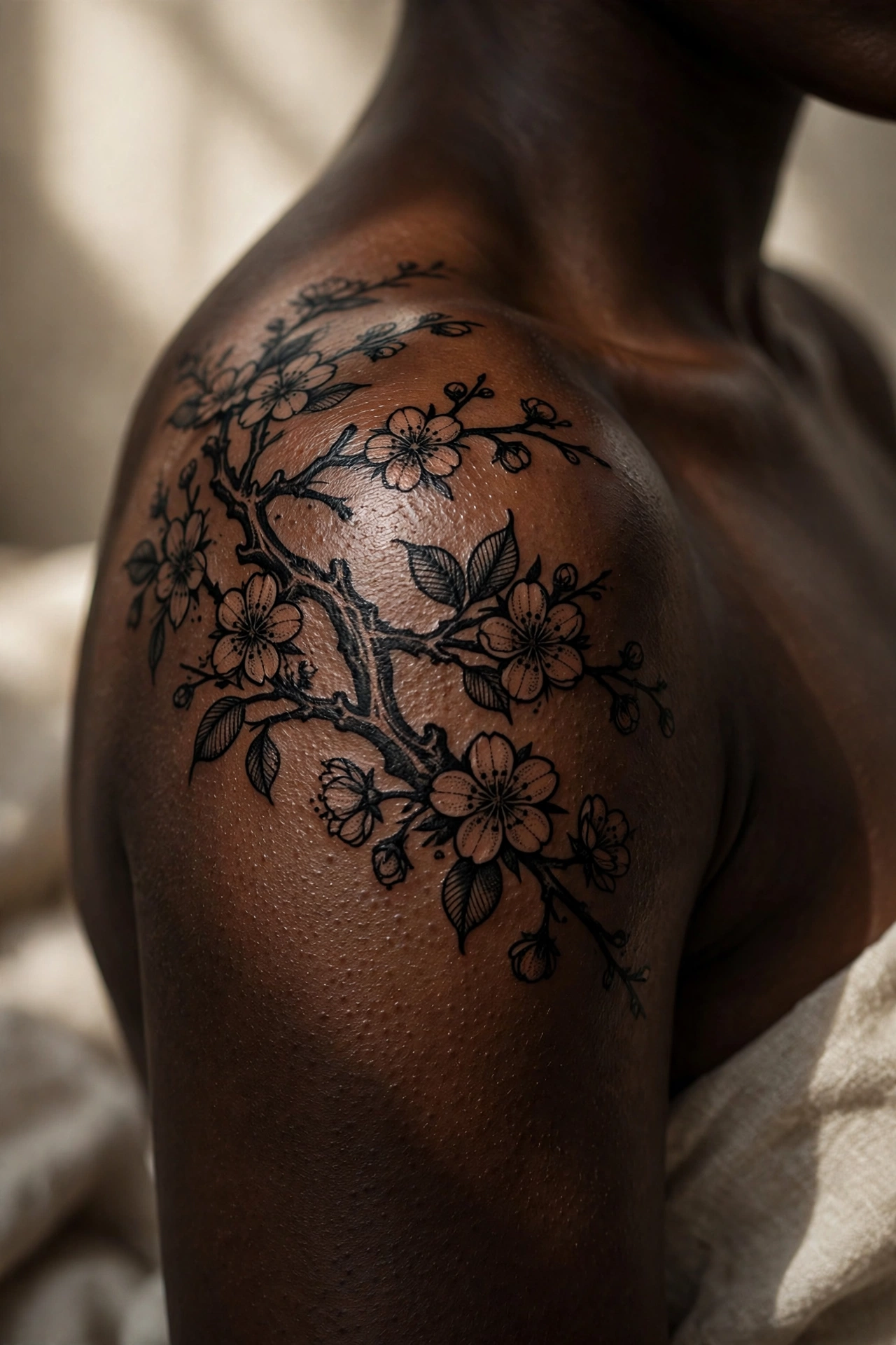 Cherry blossom branch with pink petals tattooed across a shoulder