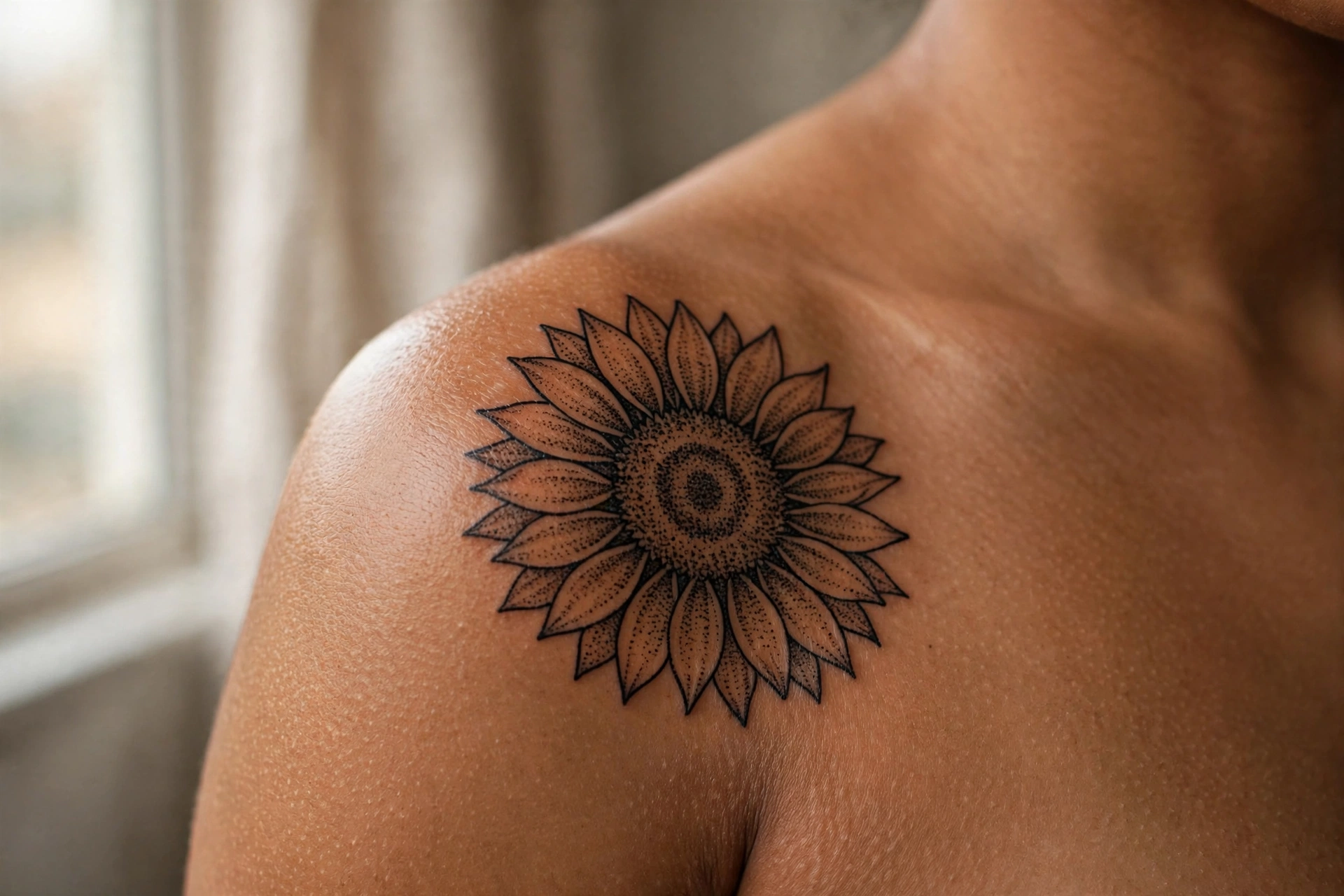 Large vibrant sunflower tattoo with detailed petals on a thigh