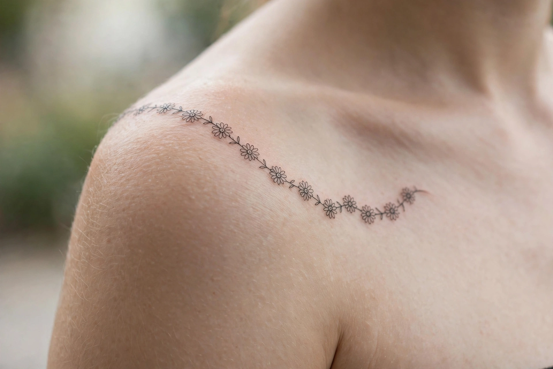 Delicate daisy chain tattoo circling a woman's ankle