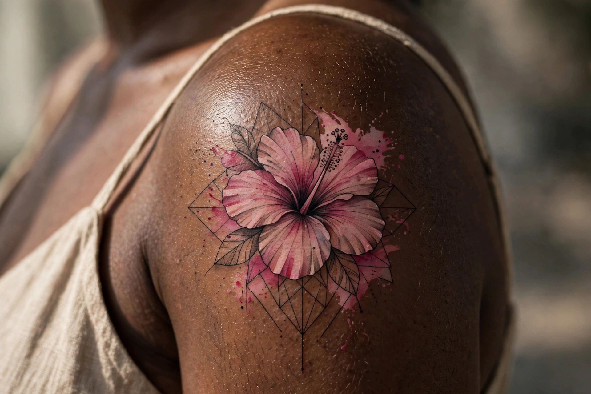 Watercolor hibiscus flower tattoo with pink and coral washes on a shoulder blade