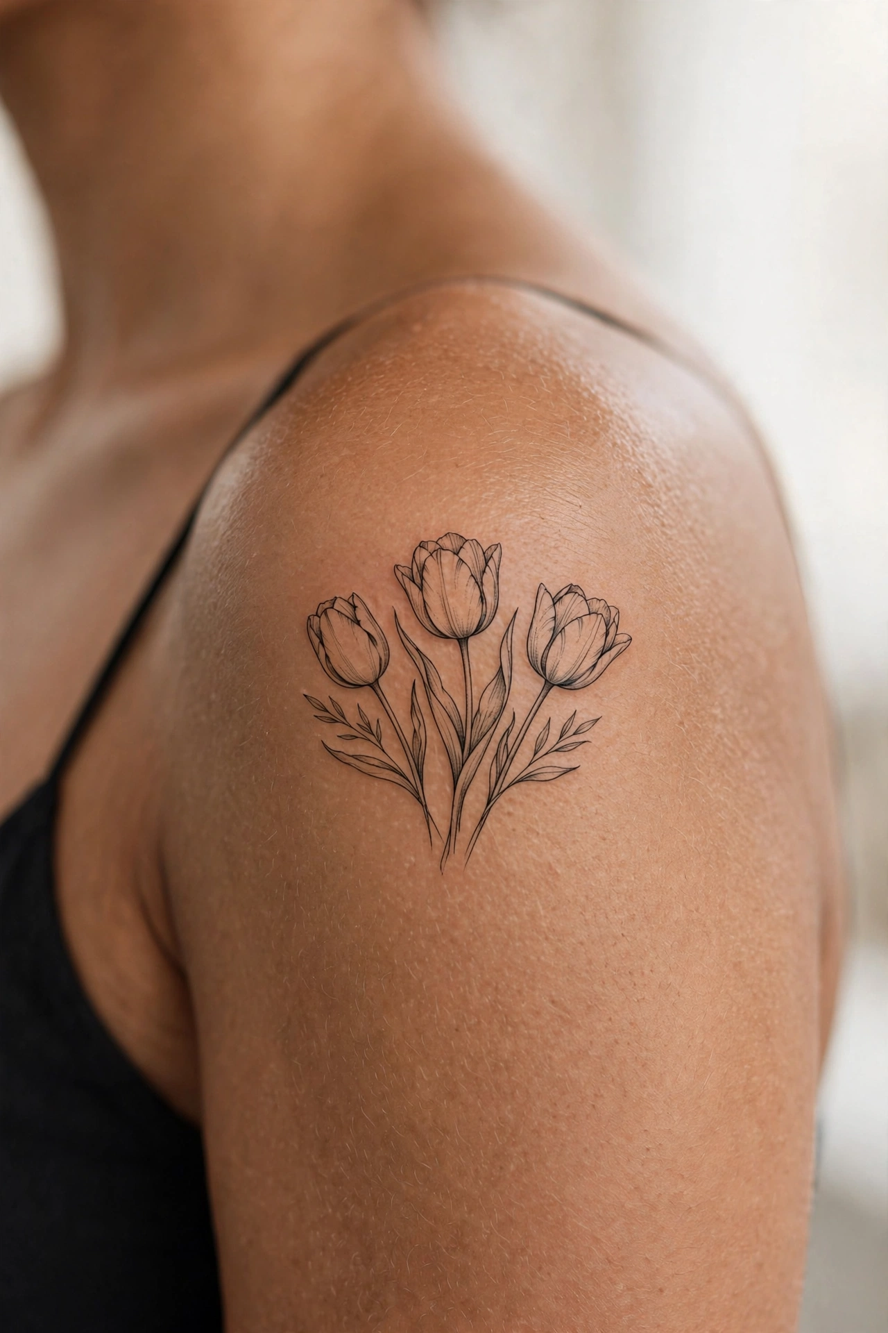 Three tulips in different bloom stages tattooed along a collarbone
