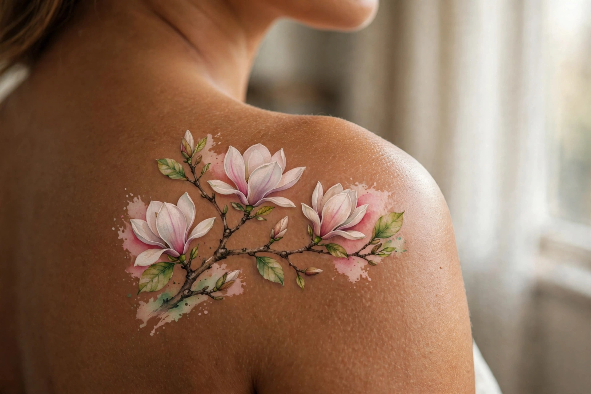 White magnolia blossoms on a branch tattooed down a spine