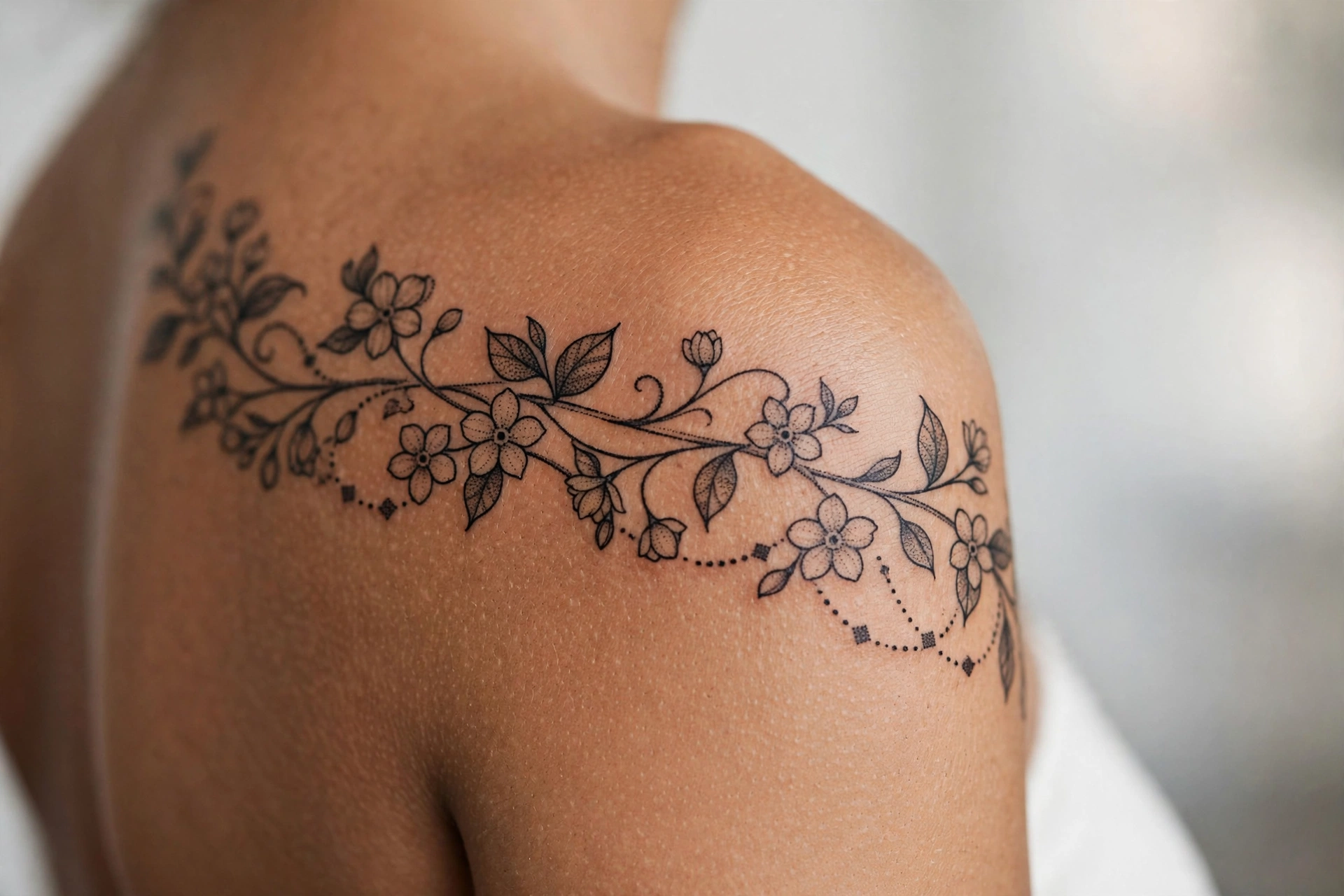 White jasmine vine wrapping around a woman's forearm tattoo