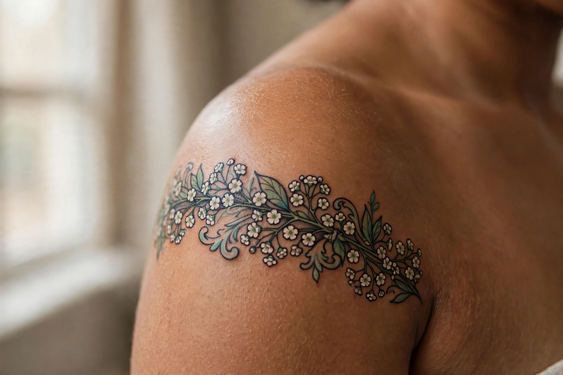 Baby's breath flower cuff tattoo circling a woman's wrist