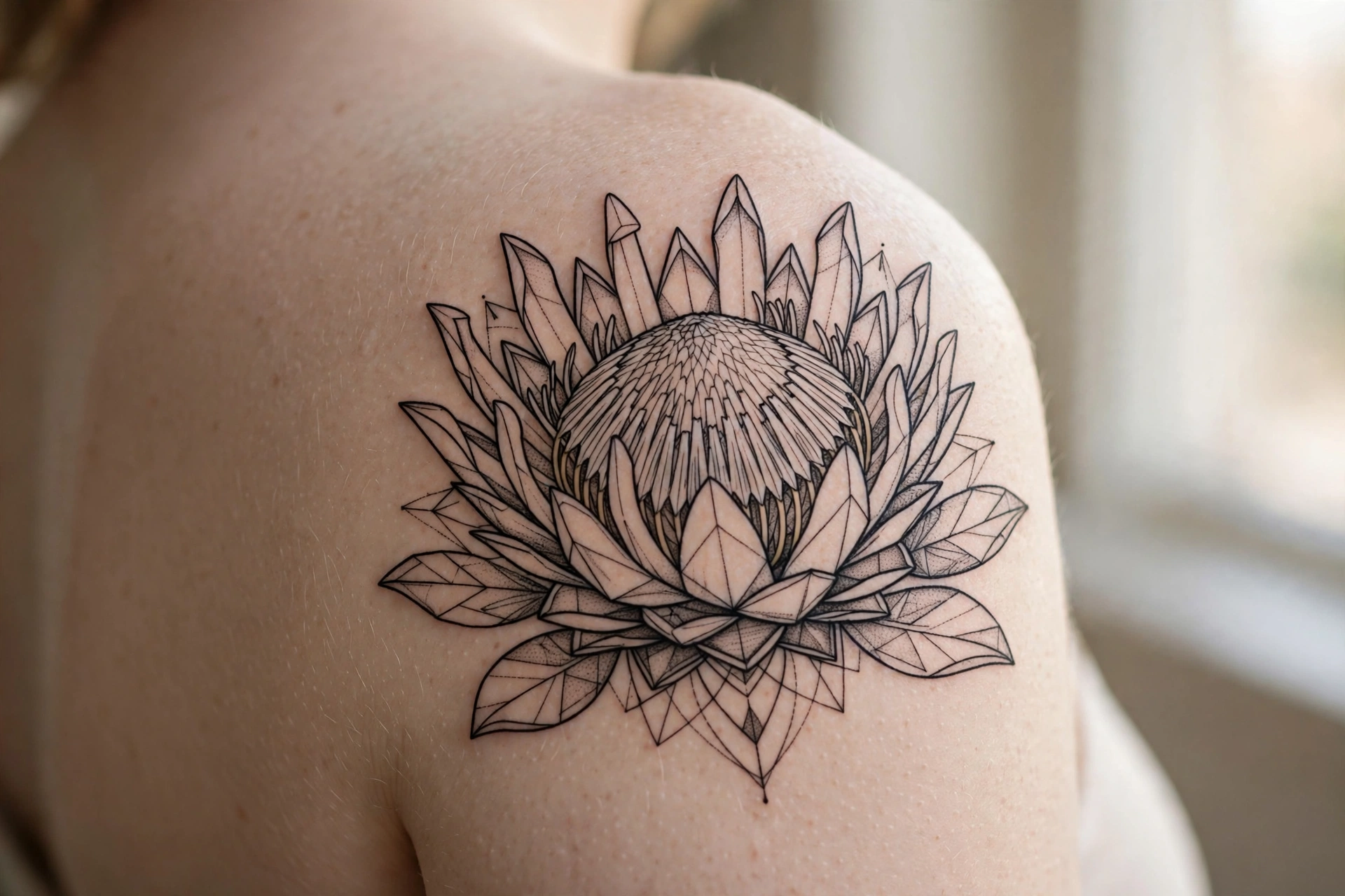 Large king protea flower tattoo with spiky petals on a thigh