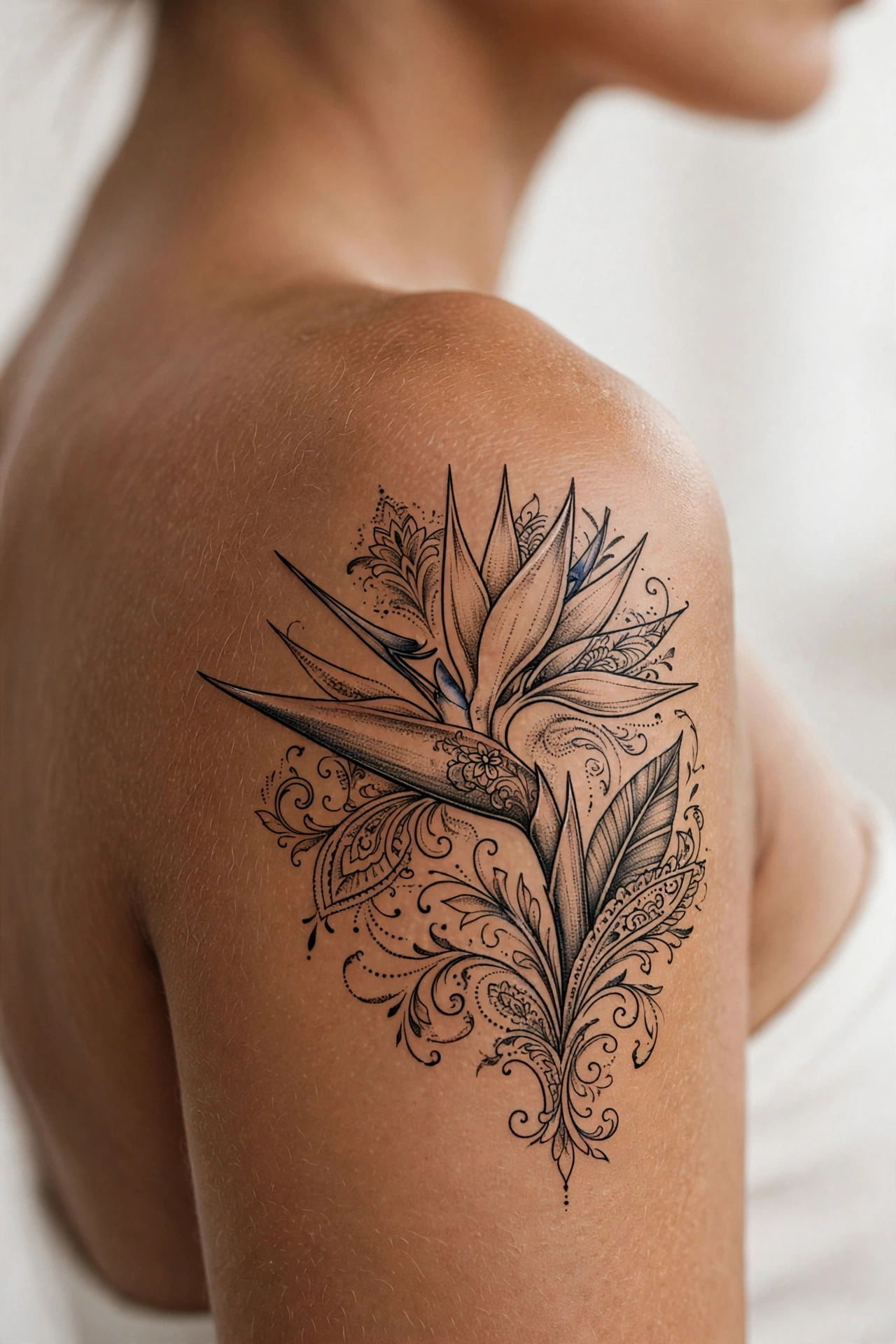 Bird of paradise flower tattoo with orange and blue petals on a hip