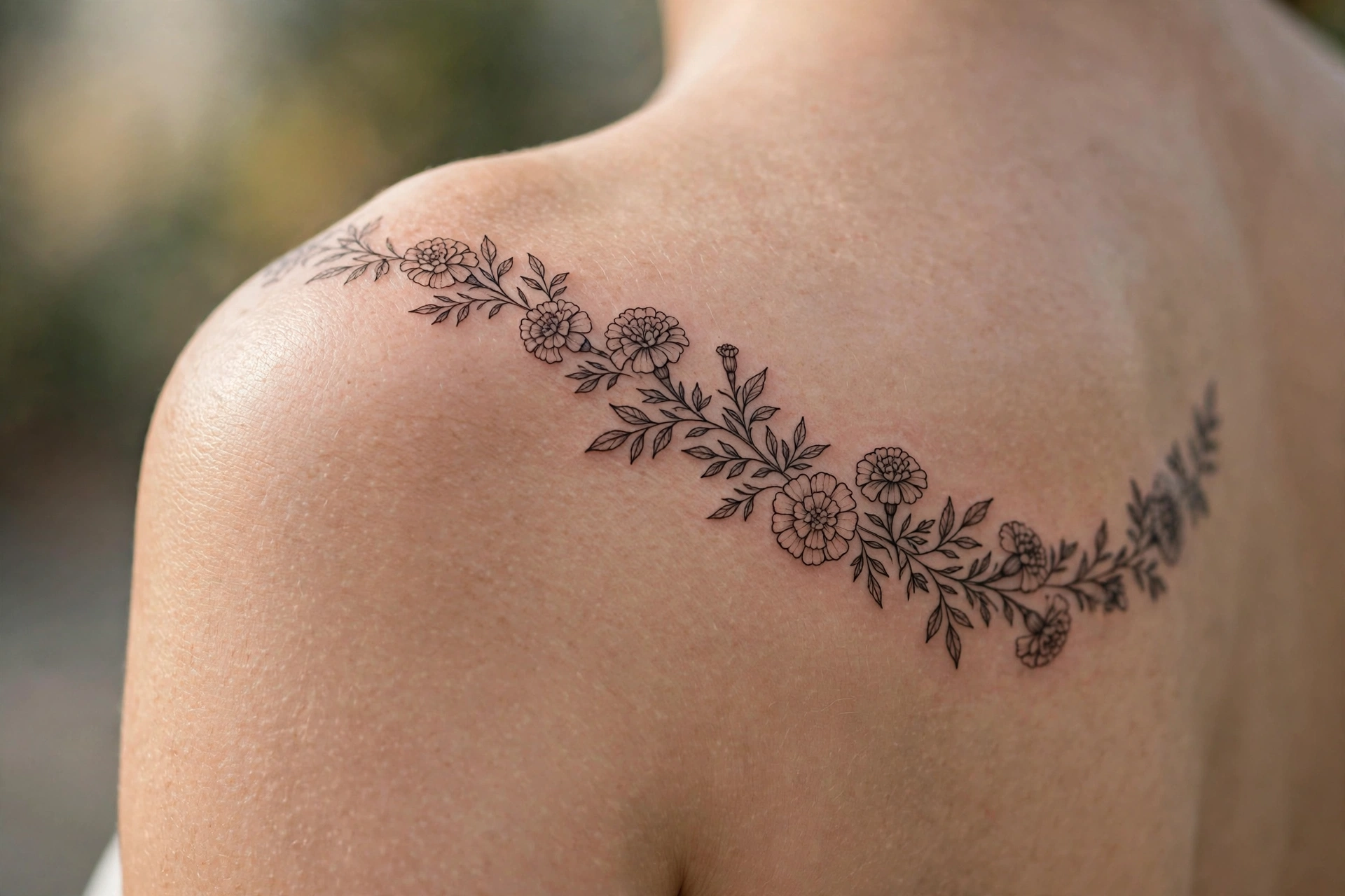 Marigold flower garland tattoo with orange blooms across a collarbone