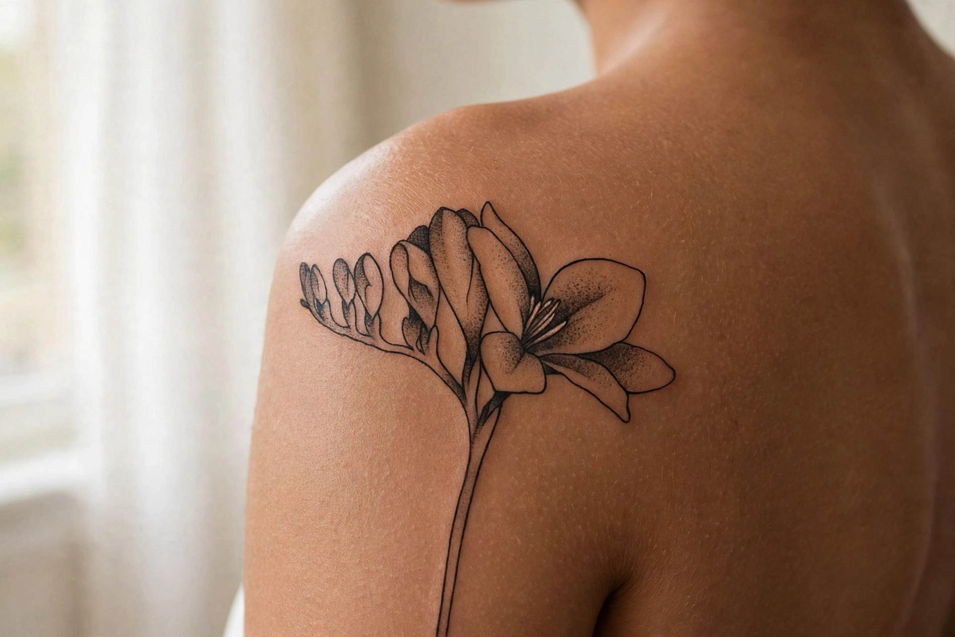 Fragrant freesia flower spray tattoo in soft pastel tones on a wrist