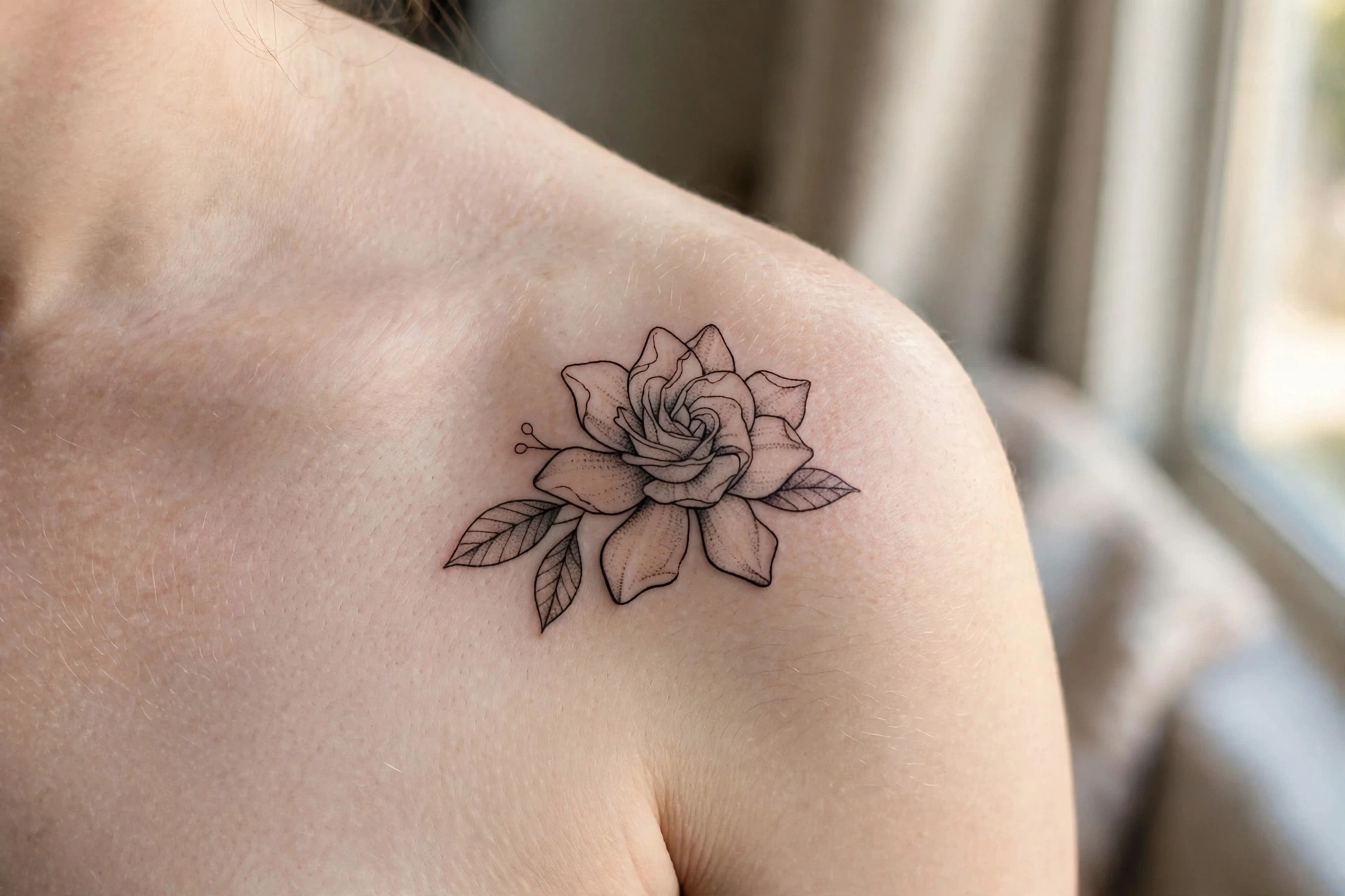 Single white gardenia blossom tattoo with glossy leaves on a sternum
