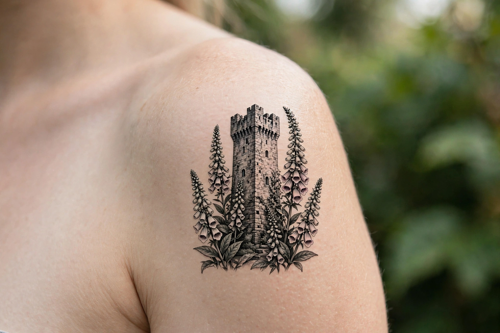 Tall foxglove flower spike tattoo with bell-shaped blooms on a forearm