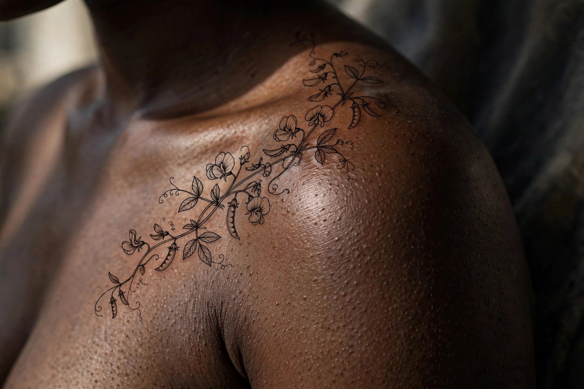 Delicate sweet pea vine with ruffled blooms tattoo on a collarbone