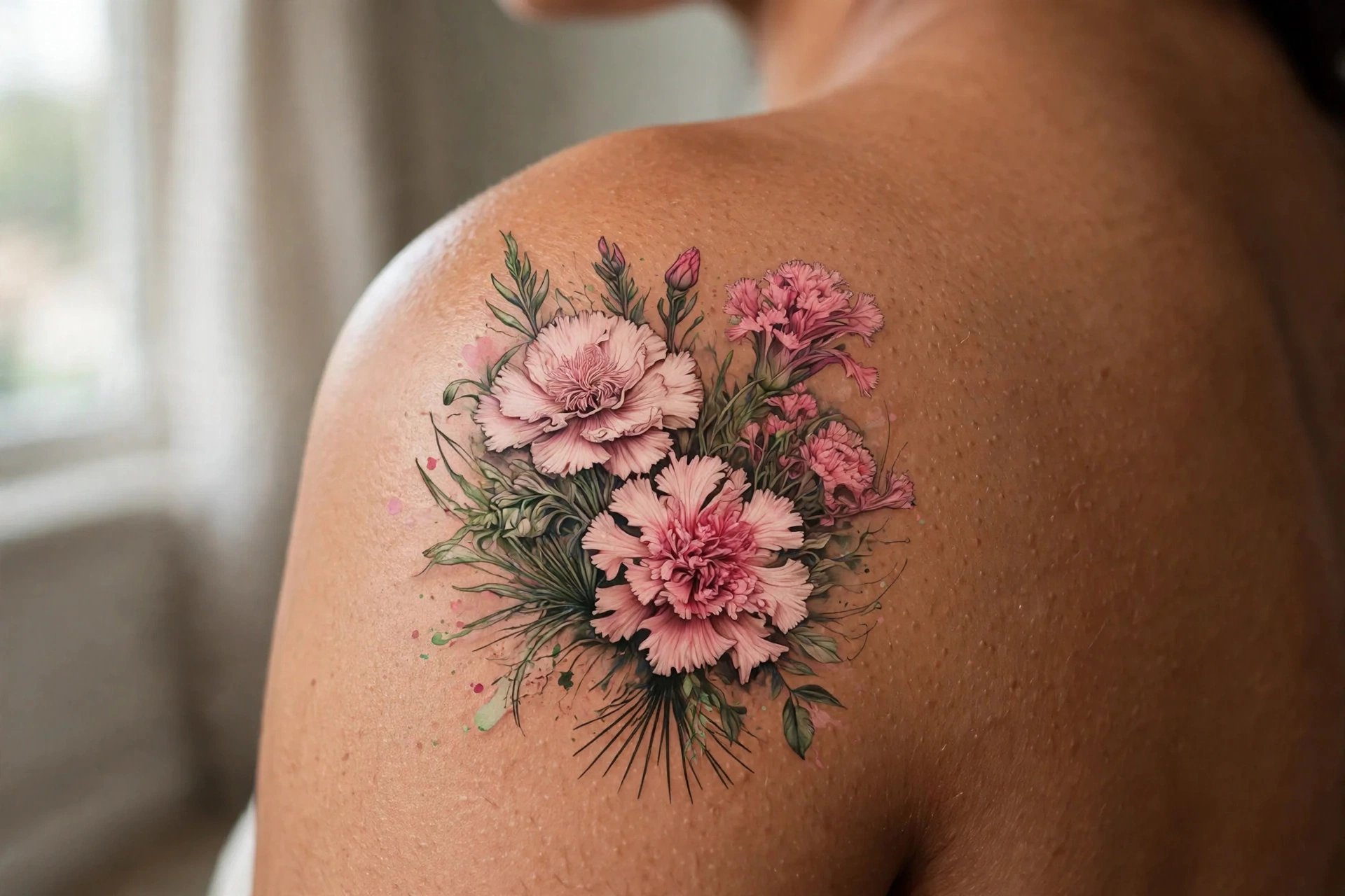 Detailed carnation flower tattoo with ruffled petals on a bicep