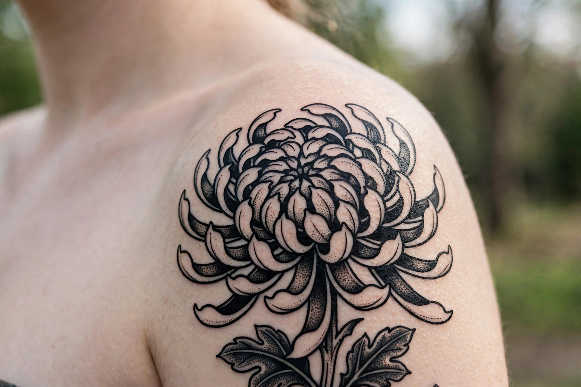 Large chrysanthemum bloom tattoo with intricate petals on a shoulder cap