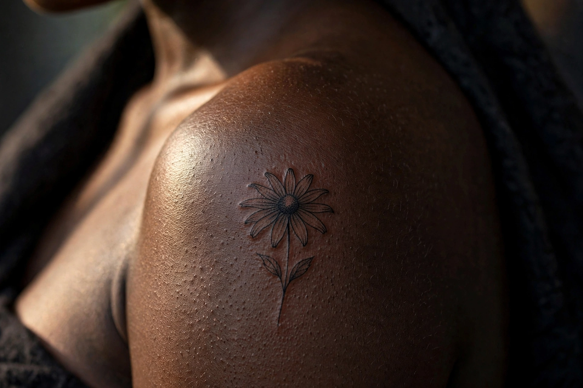 Yellow black-eyed Susan flowers tattoo with dark centers on a calf