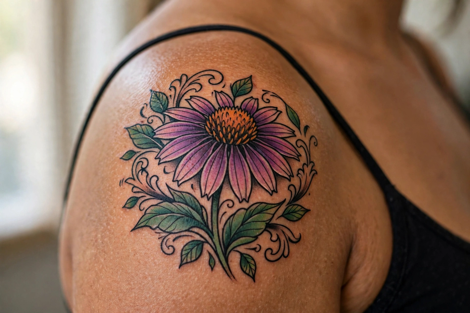 Purple coneflower echinacea blooms tattoo with spiky centers on a thigh