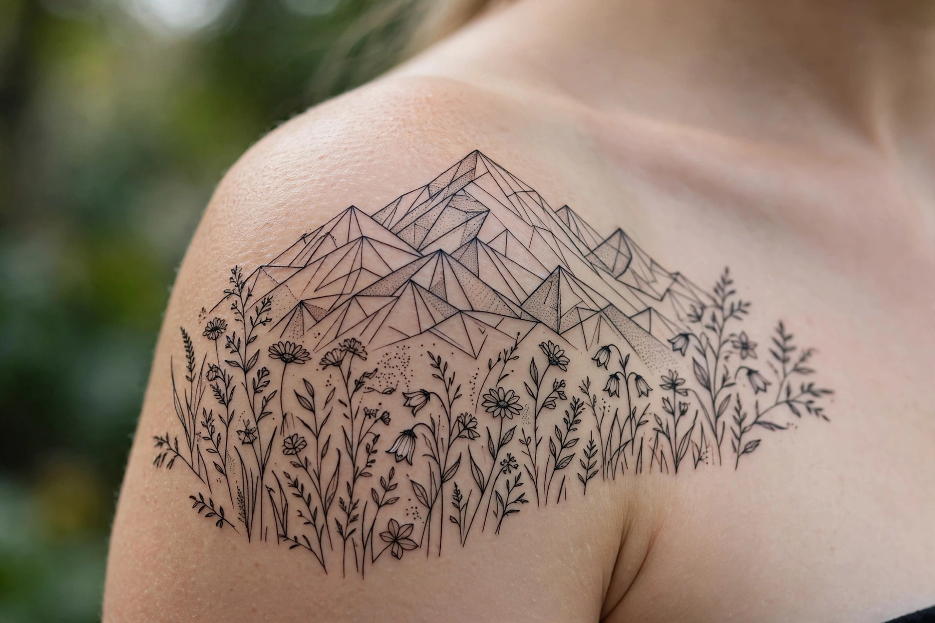 Miniature wildflower meadow landscape tattoo on a forearm